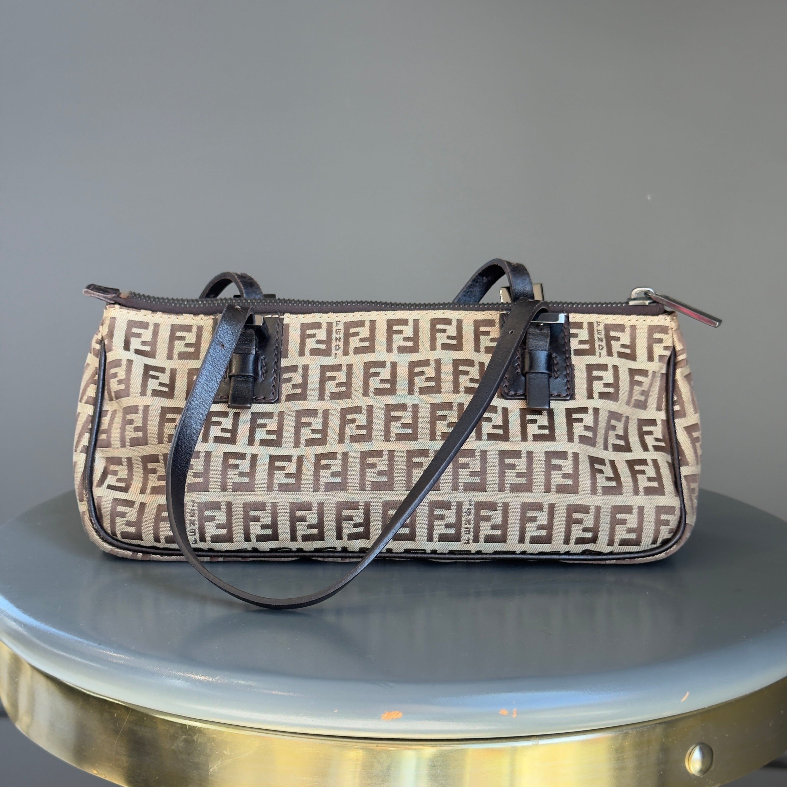 Fendi Brown Zucchino Canvas Rectangle Pochette - Queen May