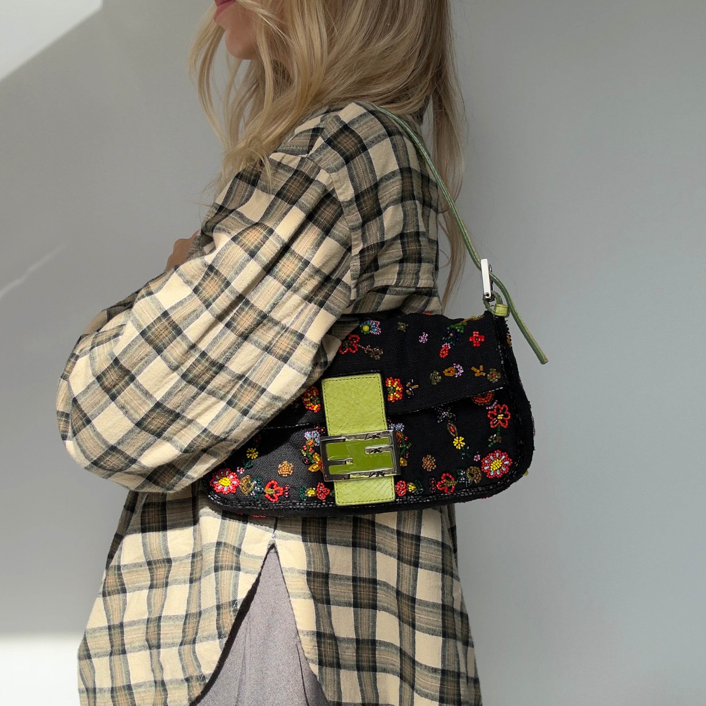 Rare Fendi Black Floral Beaded Baguette With Green Python Strap and Flap - Queen May