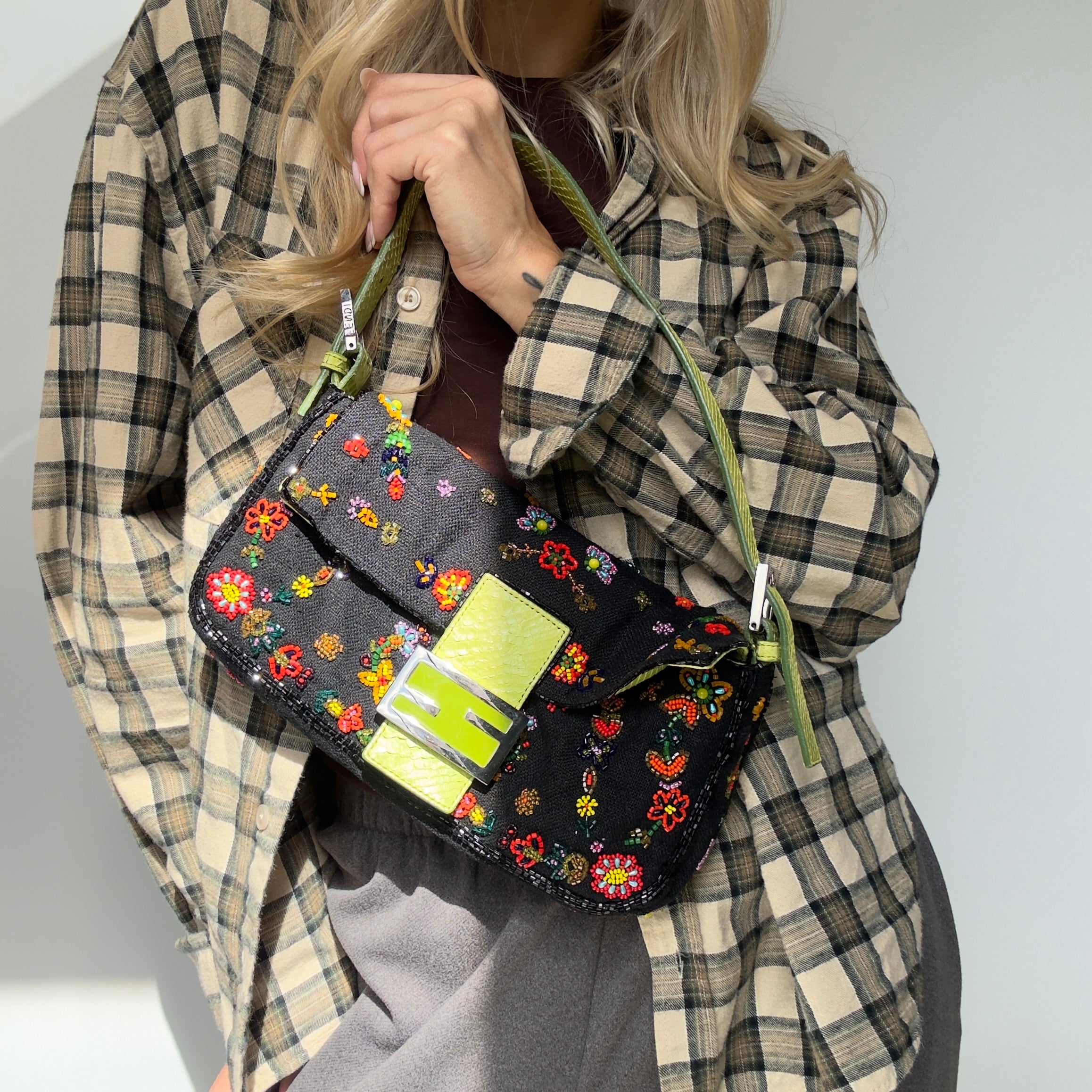 Rare Fendi Black Floral Beaded Baguette With Green Python Strap and Flap - Queen May