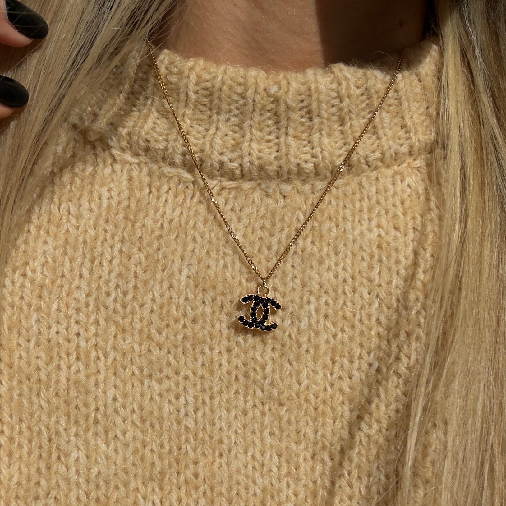 Chanel 2001 A Gold Tone Black Rhinestone CC Necklace - Queen May