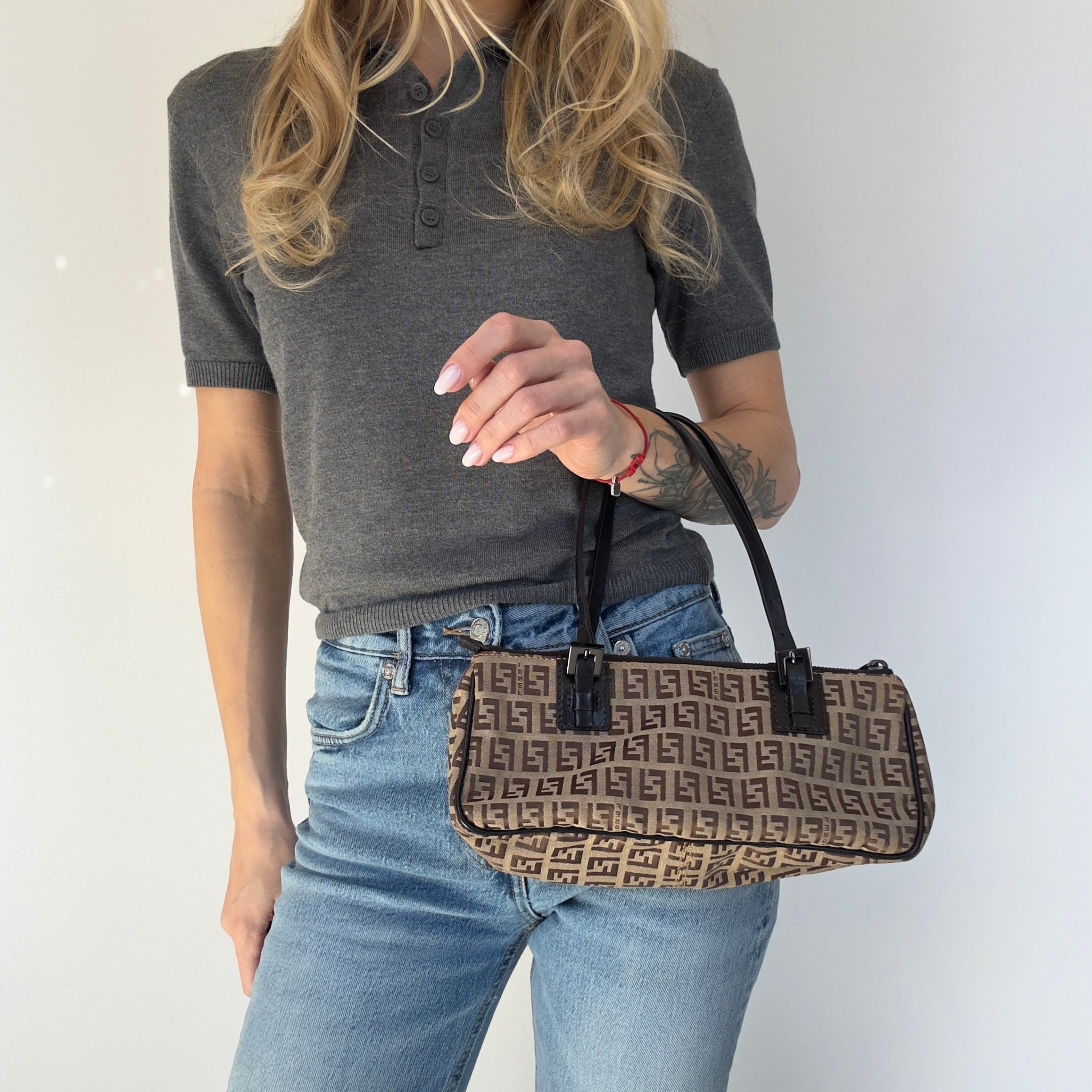 Fendi Brown Zucchino Canvas Rectangle Pochette - Queen May