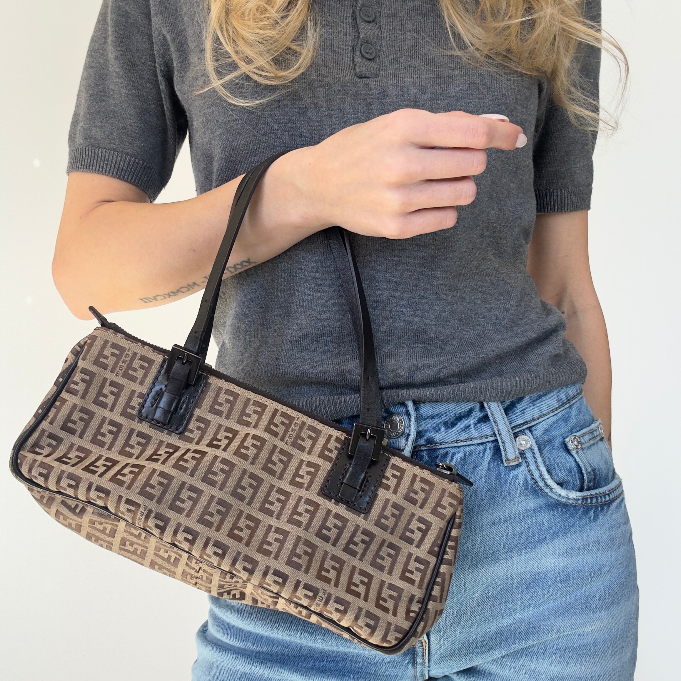 Fendi Brown Zucchino Canvas Rectangle Pochette - Queen May