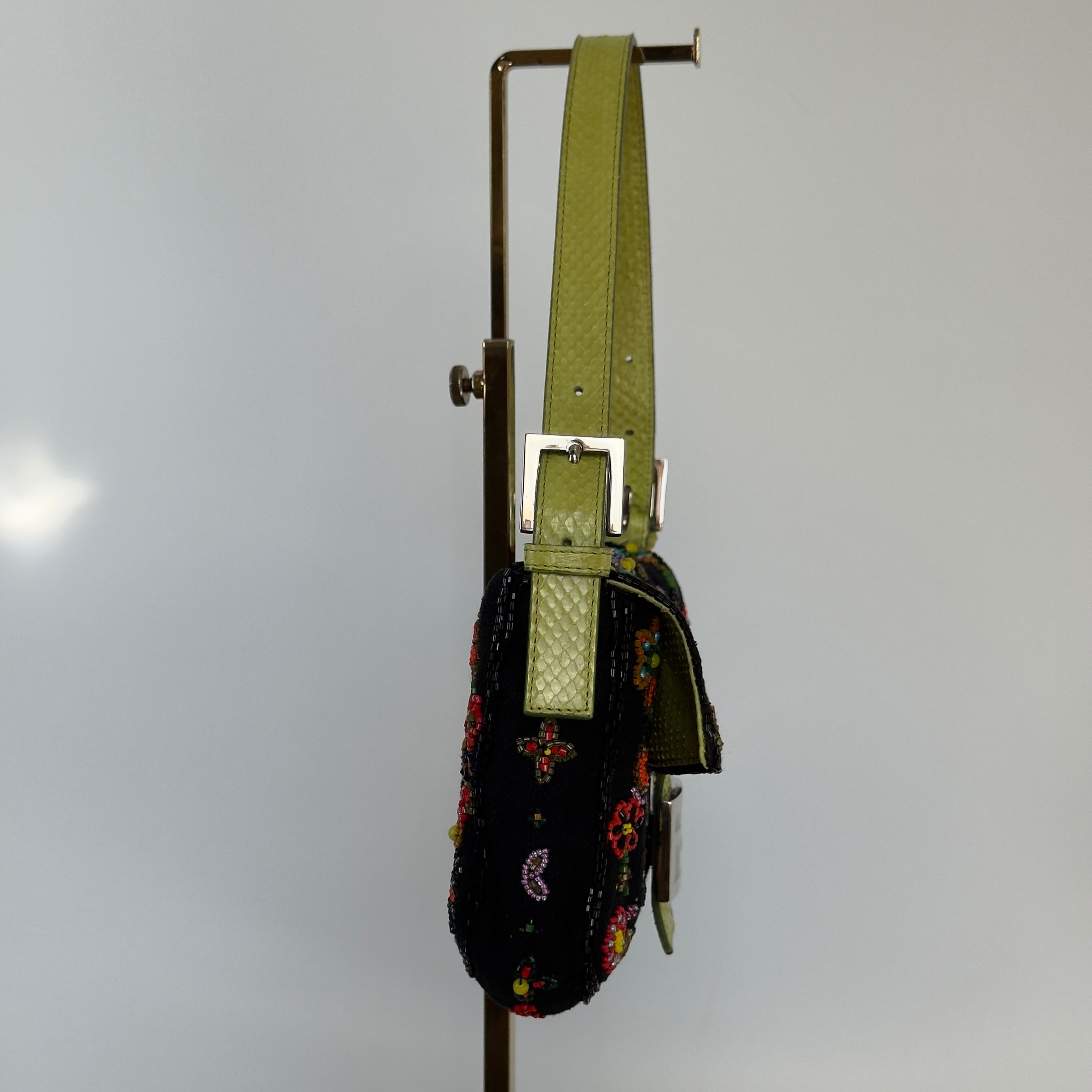 Rare Fendi Black Floral Beaded Baguette With Green Python Strap and Flap - Queen May