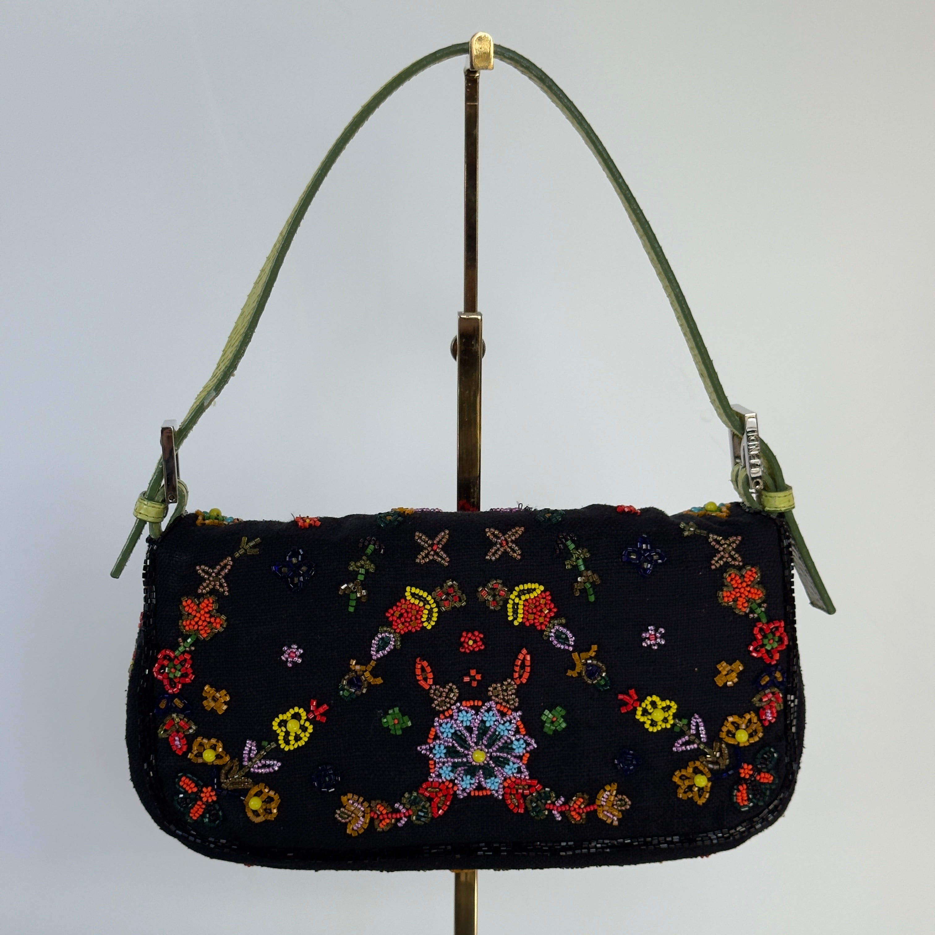 Rare Fendi Black Floral Beaded Baguette With Green Python Strap and Flap - Queen May