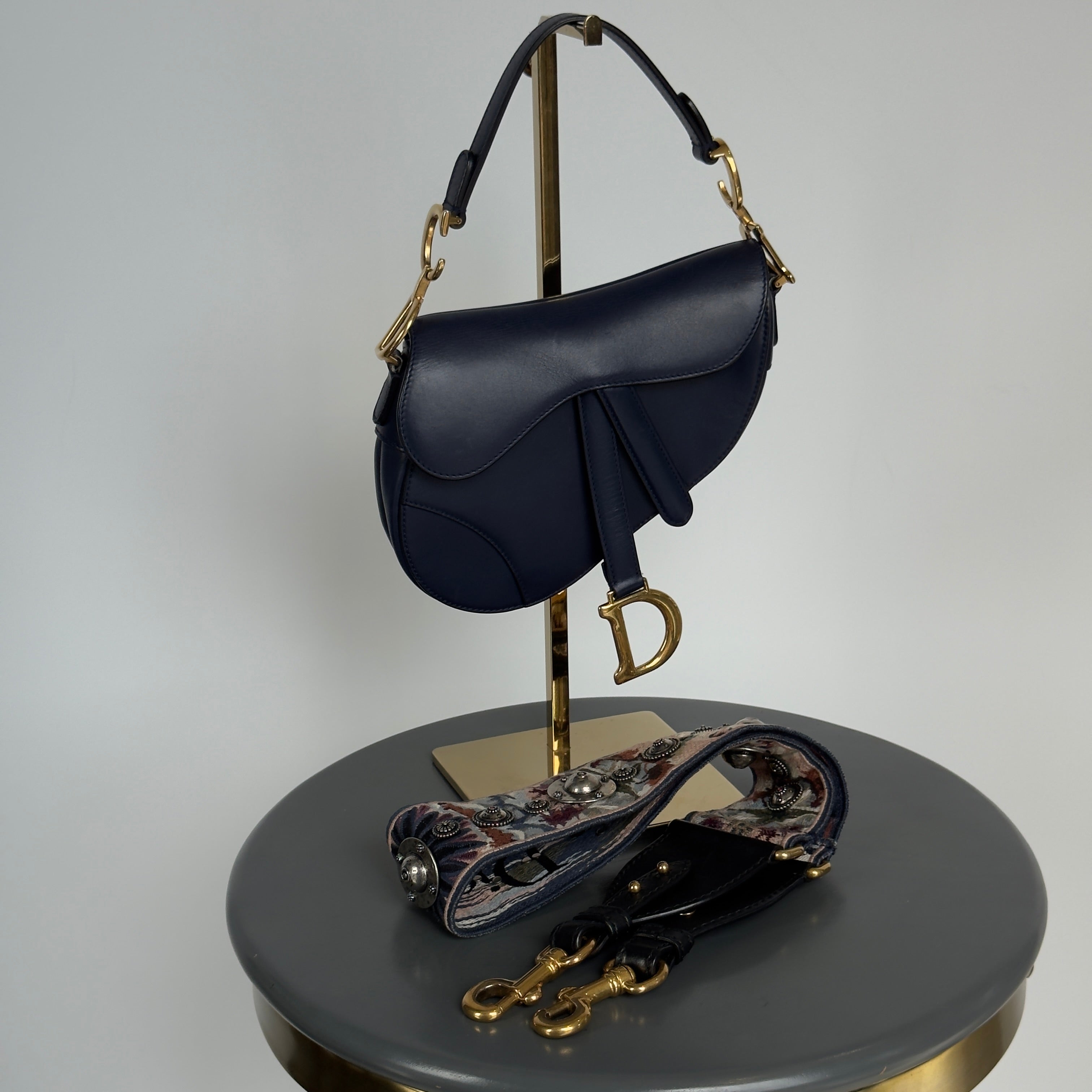Christian Dior Saddle Leather Mini Handbag Navy With Add on Strap - Queen May