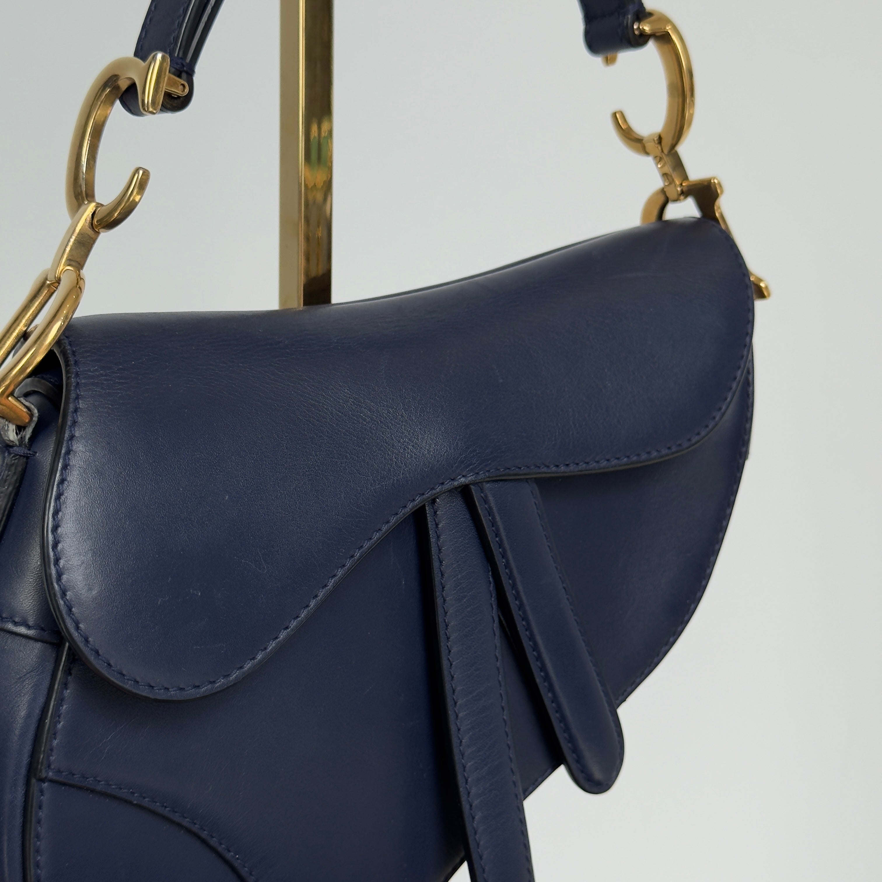 Christian Dior Saddle Leather Mini Handbag Navy With Add on Strap - Queen May
