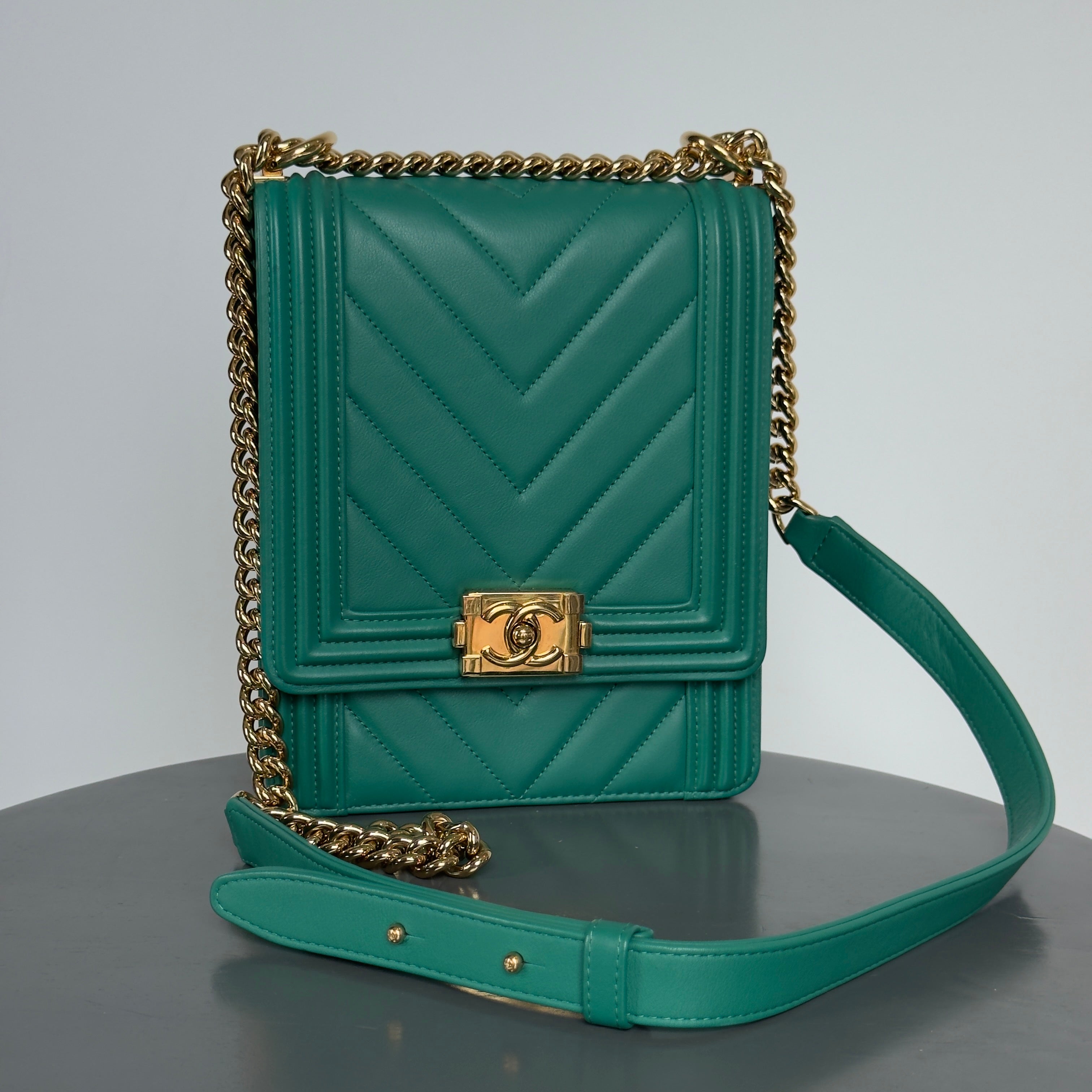 Chanel North South Chevron Boy Bag Green - Queen May