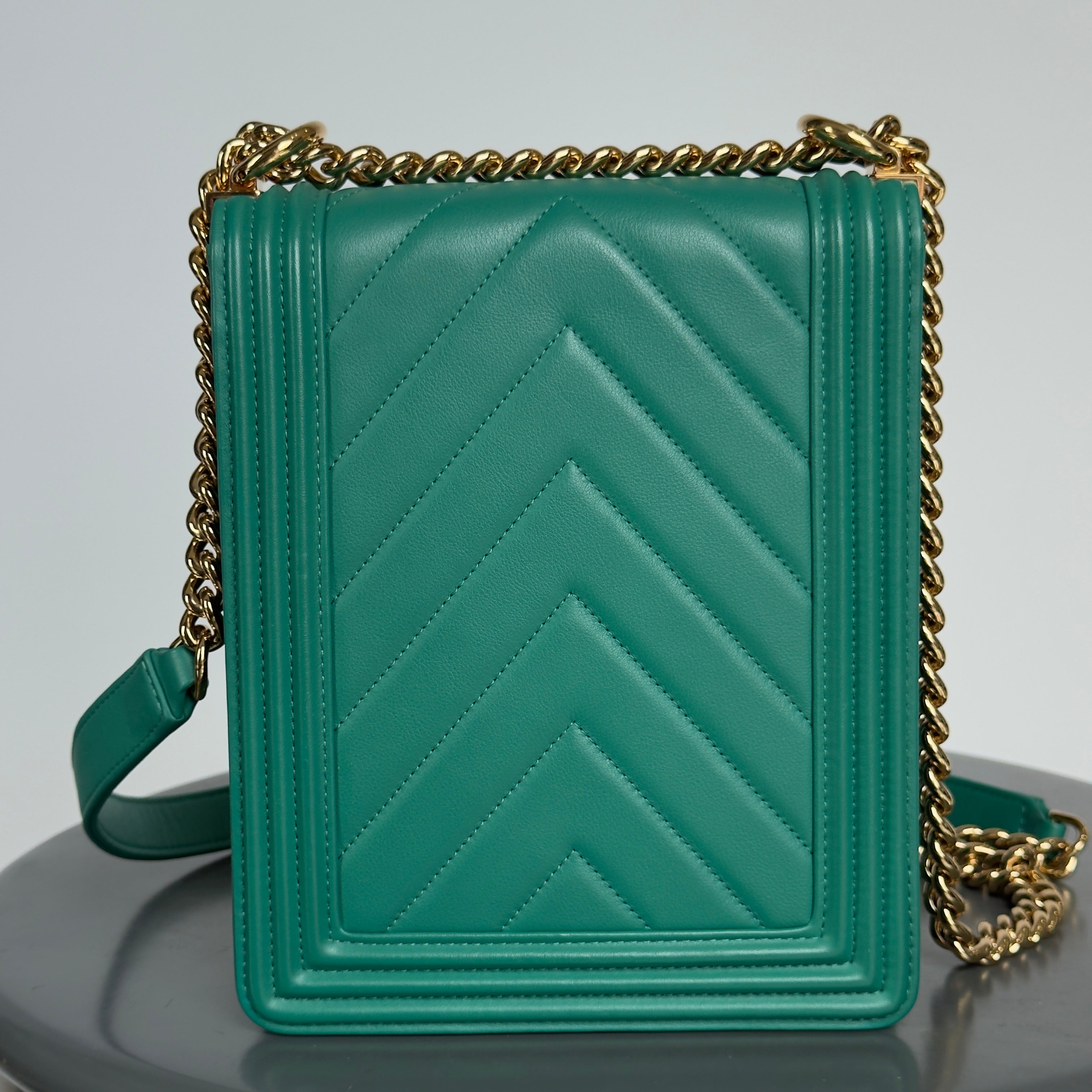 Chanel North South Chevron Boy Bag Green - Queen May