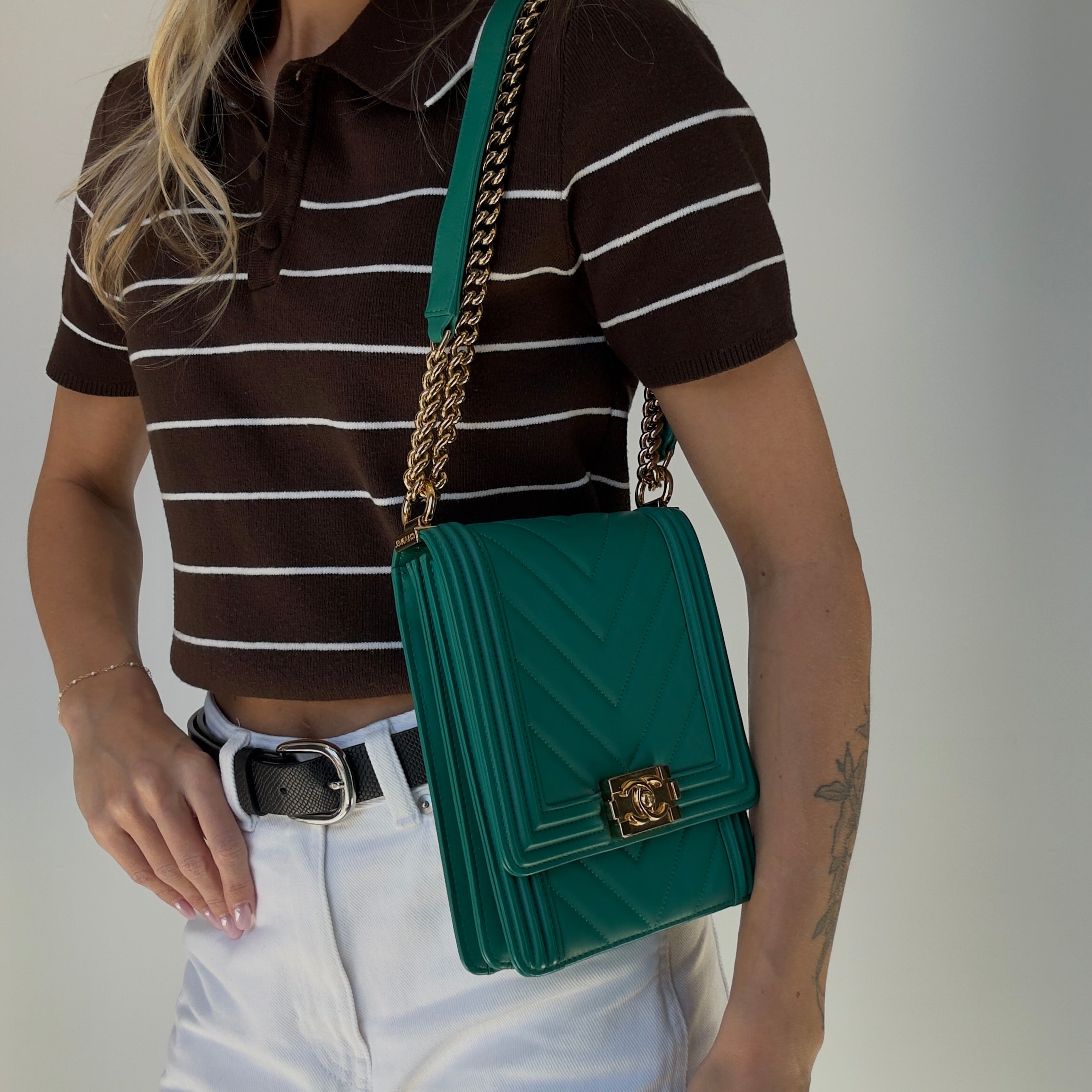 Chanel North South Chevron Boy Bag Green - Queen May