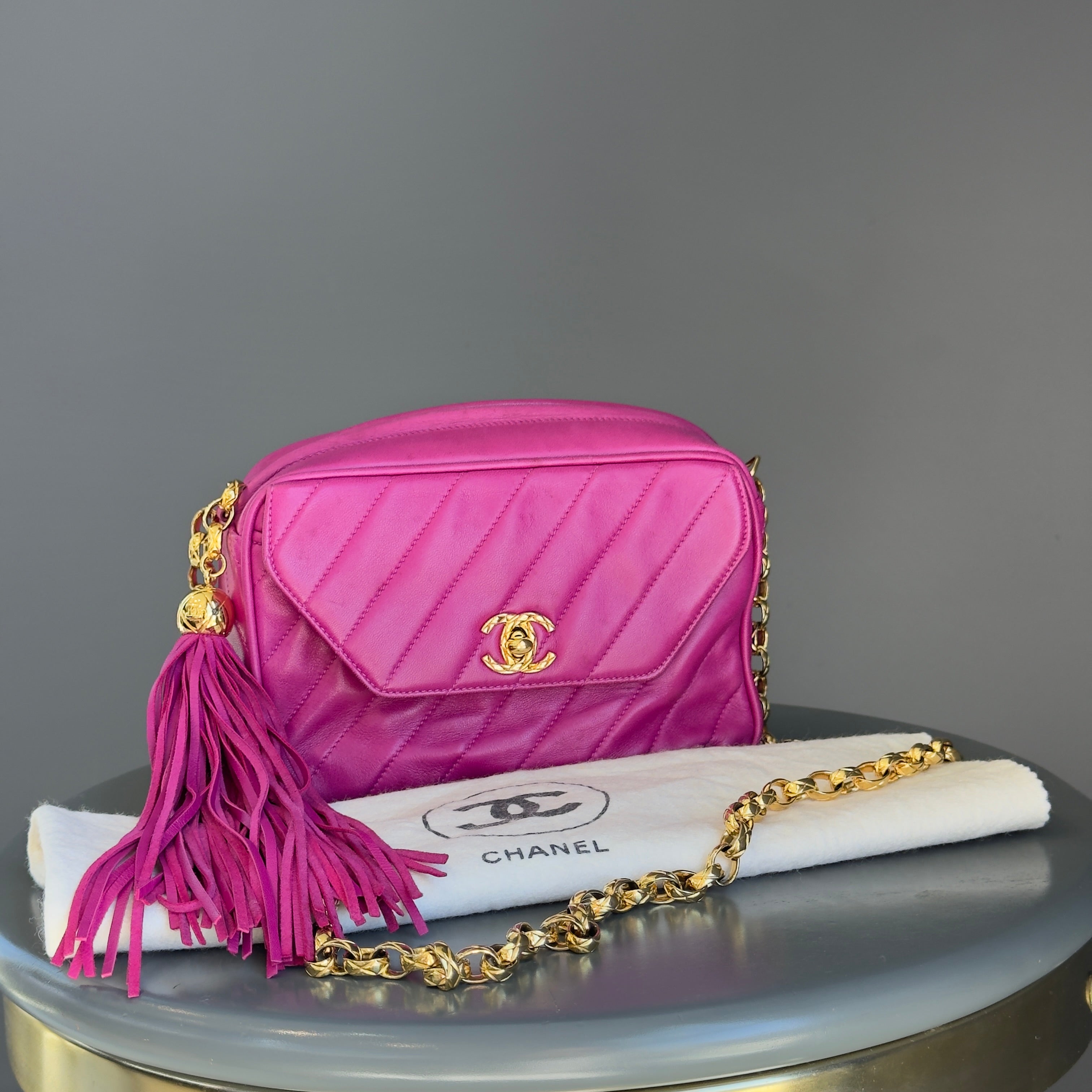 Chanel Mademoiselle Fringe Chain Shoulder Bag Lambskin Fuchsia CC Bijoux Chain - Queen May