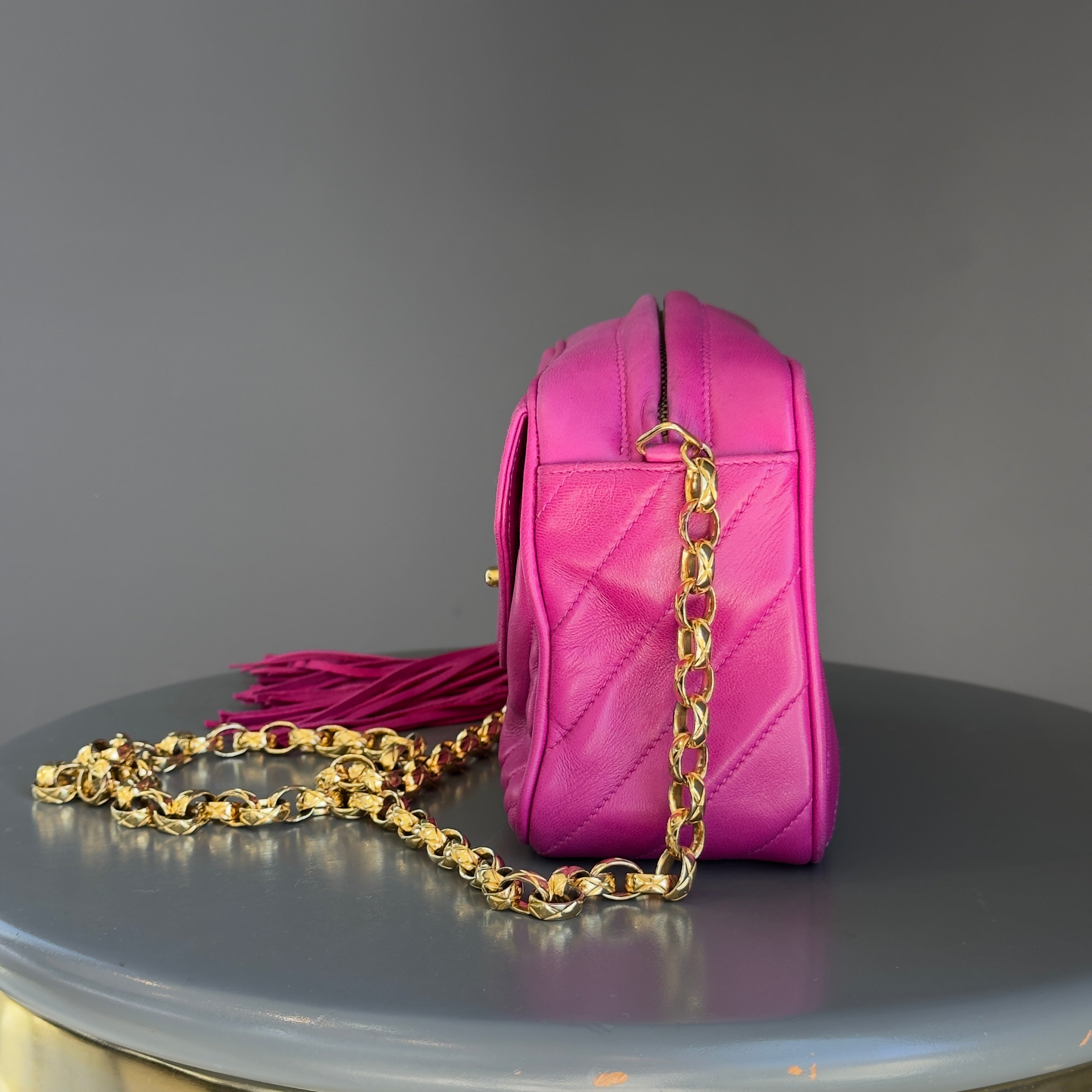 Chanel Mademoiselle Fringe Chain Shoulder Bag Lambskin Fuchsia CC Bijoux Chain - Queen May