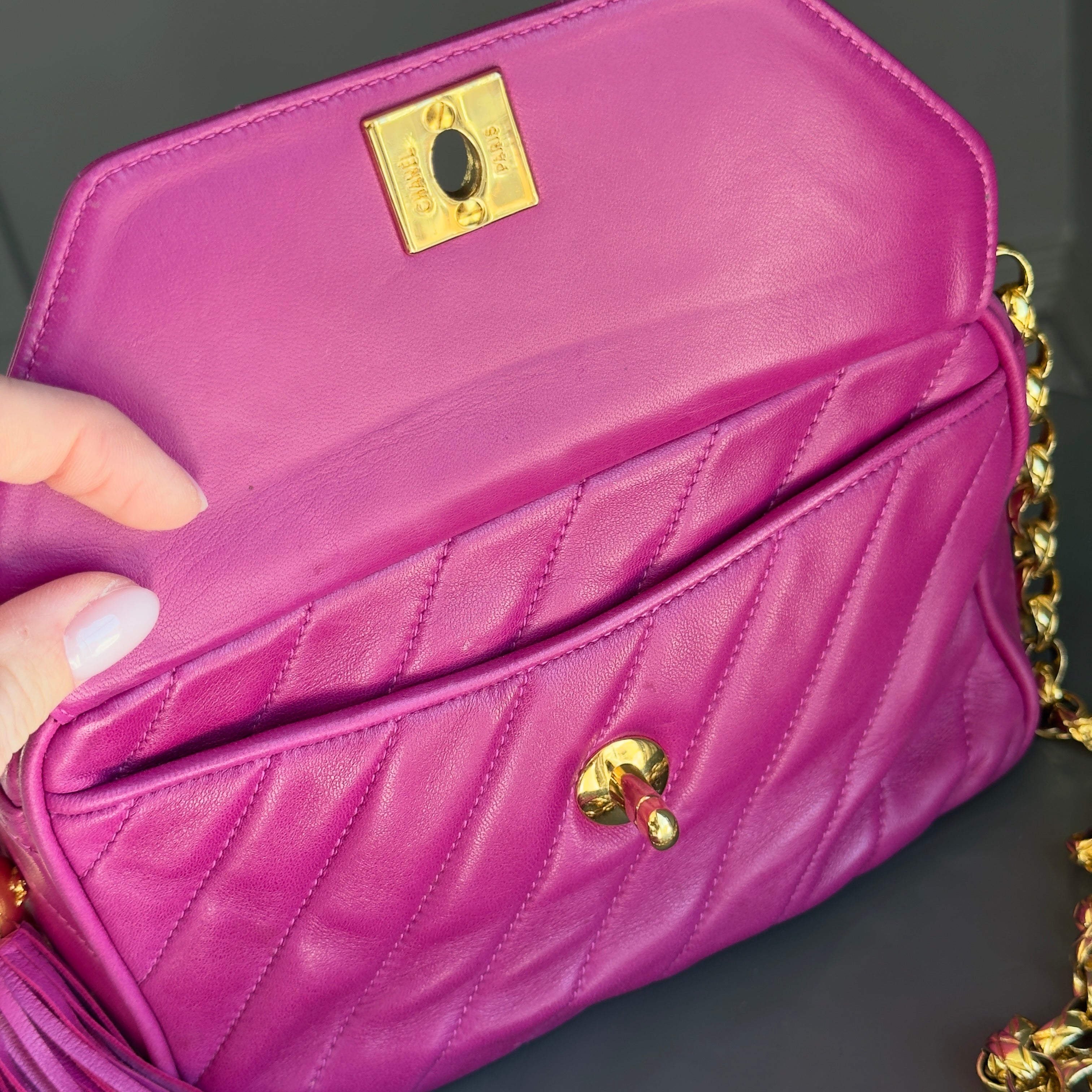 Chanel Mademoiselle Fringe Chain Shoulder Bag Lambskin Fuchsia CC Bijoux Chain - Queen May