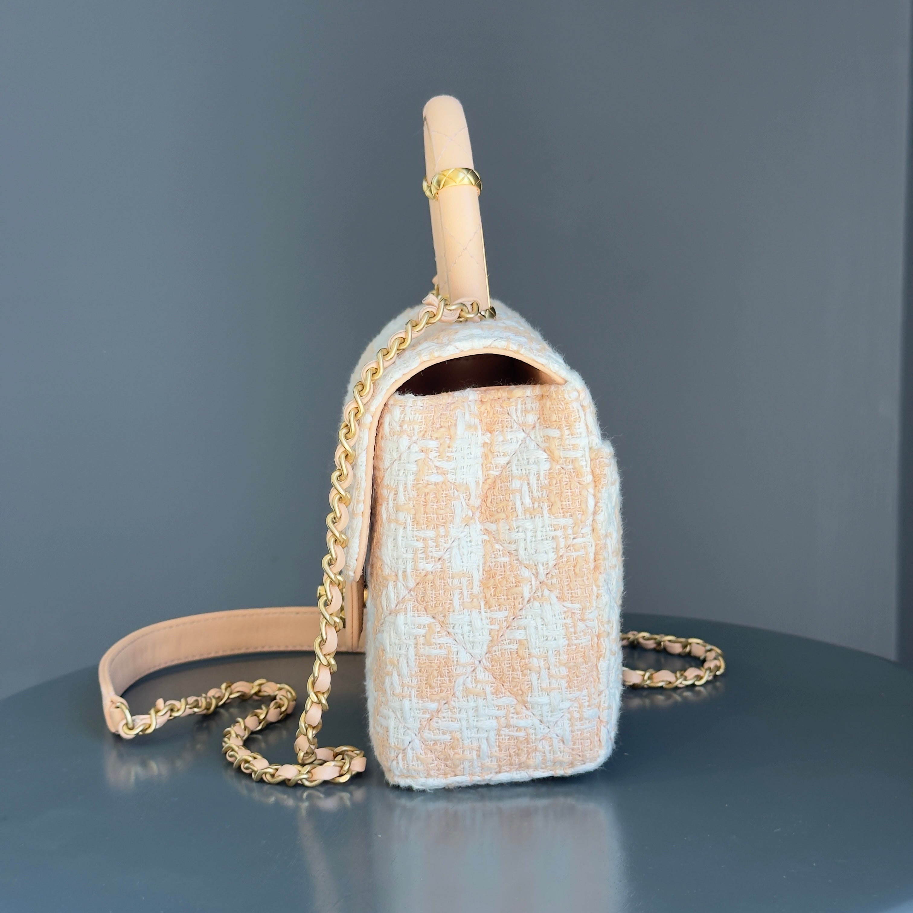 Chanel Crush Top Handle Flap Bag Quilted Tweed Mini - Queen May