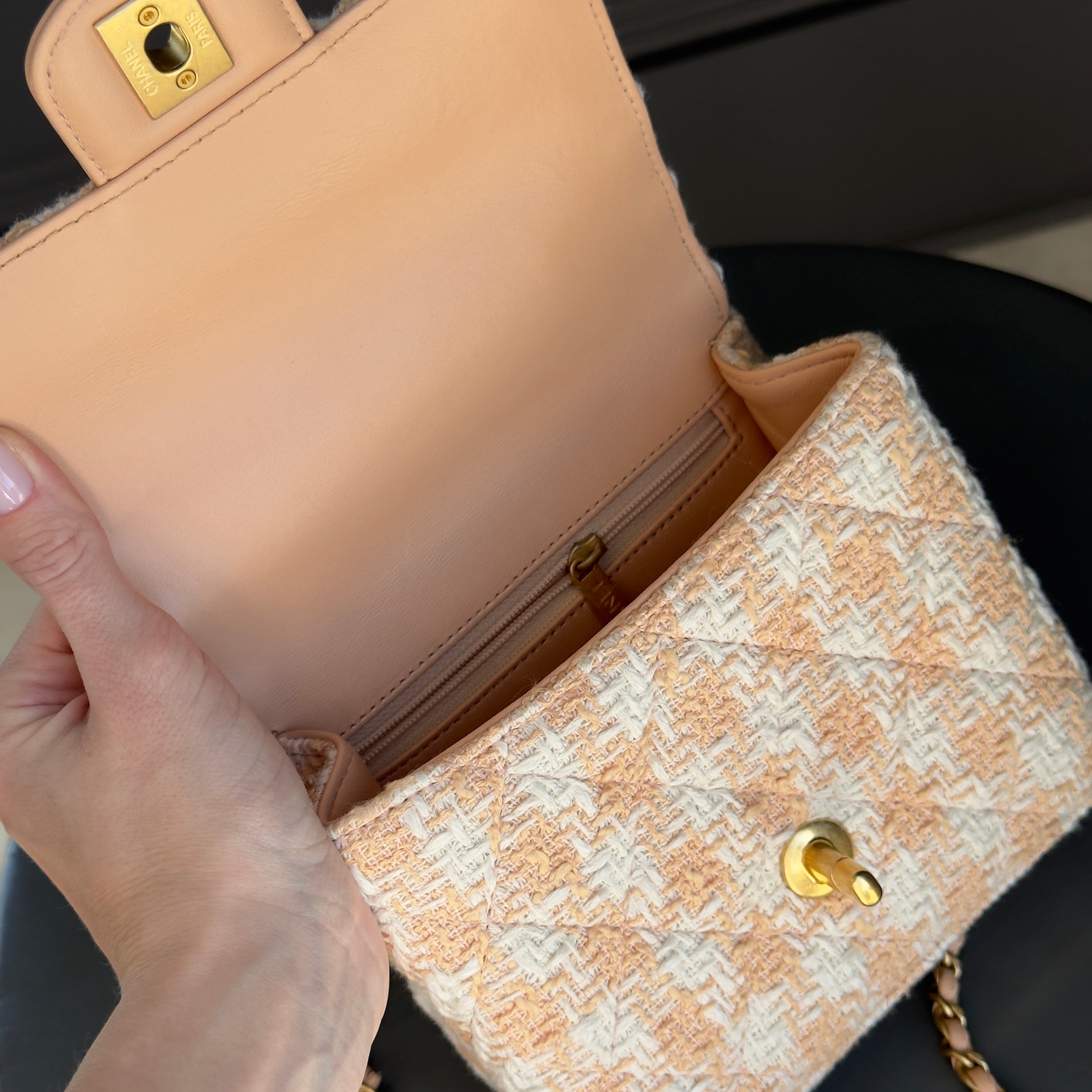 Chanel Crush Top Handle Flap Bag Quilted Tweed Mini - Queen May