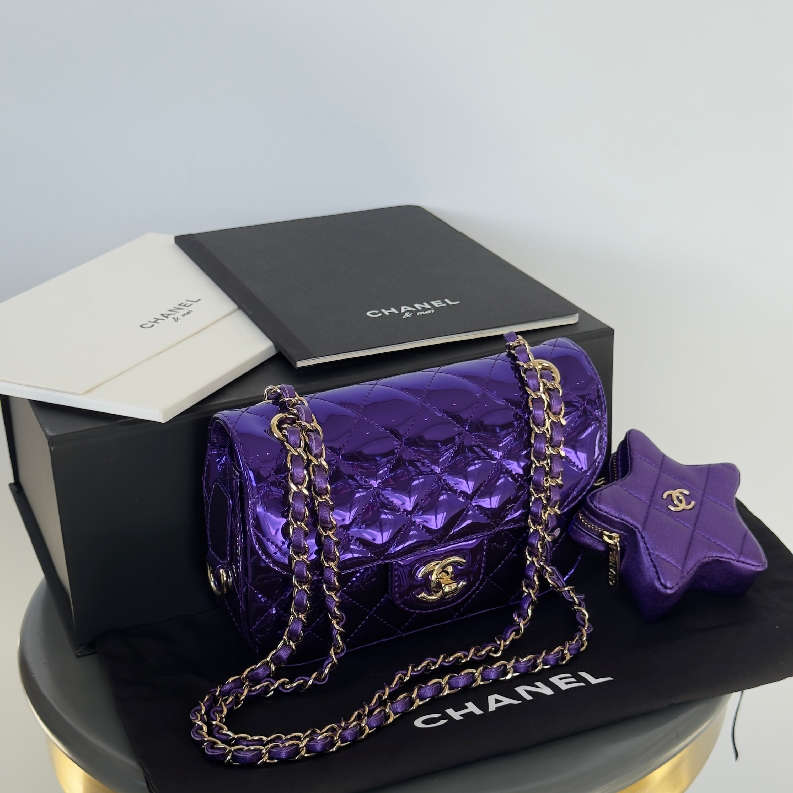 Chanel Metallic Lambskin Hollywood Boulevard Flap Bag With Star Clip On Coin Purse Purple - Queen May