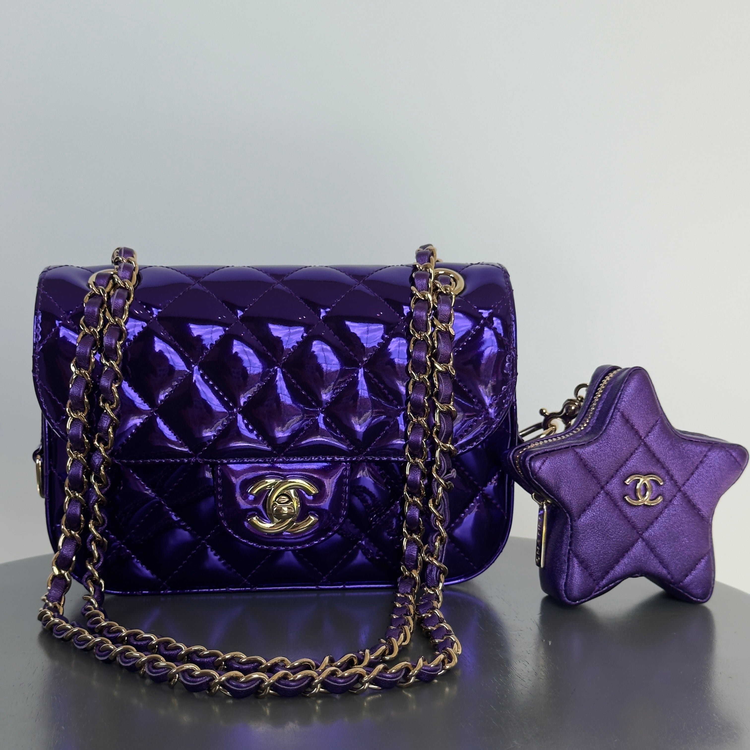 Chanel Metallic Lambskin Hollywood Boulevard Flap Bag With Star Clip On Coin Purse Purple - Queen May