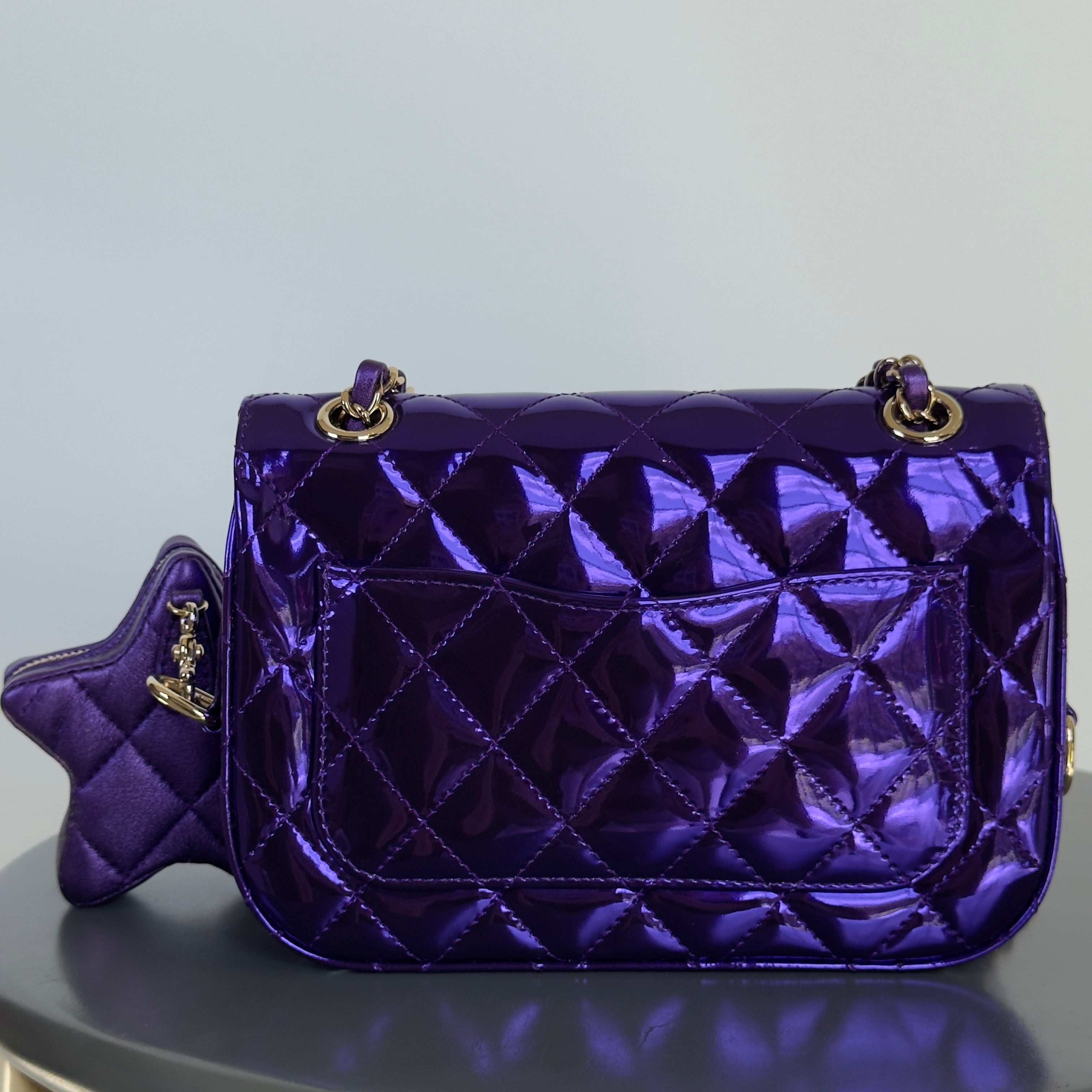 Chanel Metallic Lambskin Hollywood Boulevard Flap Bag With Star Clip On Coin Purse Purple - Queen May