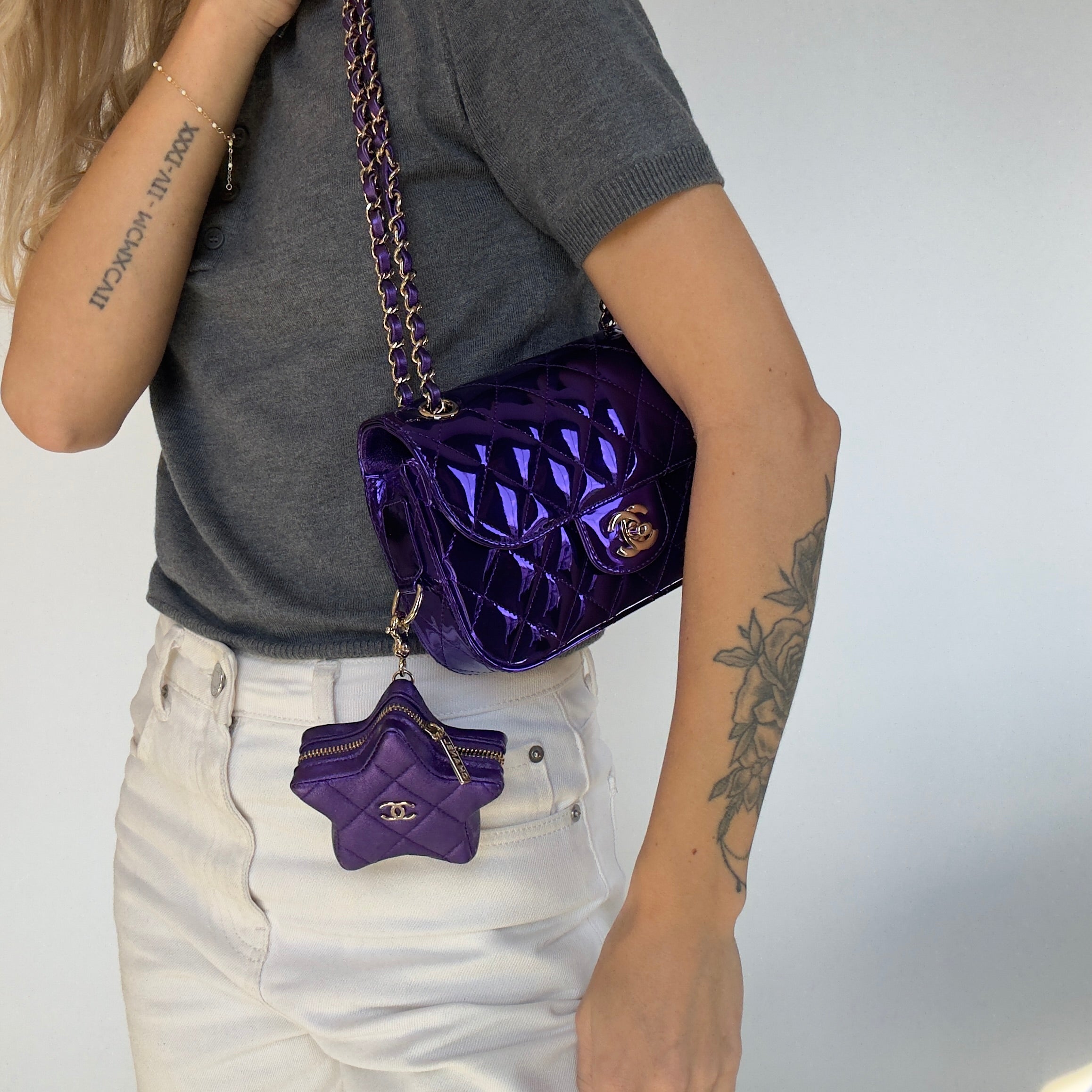 Chanel Metallic Lambskin Hollywood Boulevard Flap Bag With Star Clip On Coin Purse Purple - Queen May