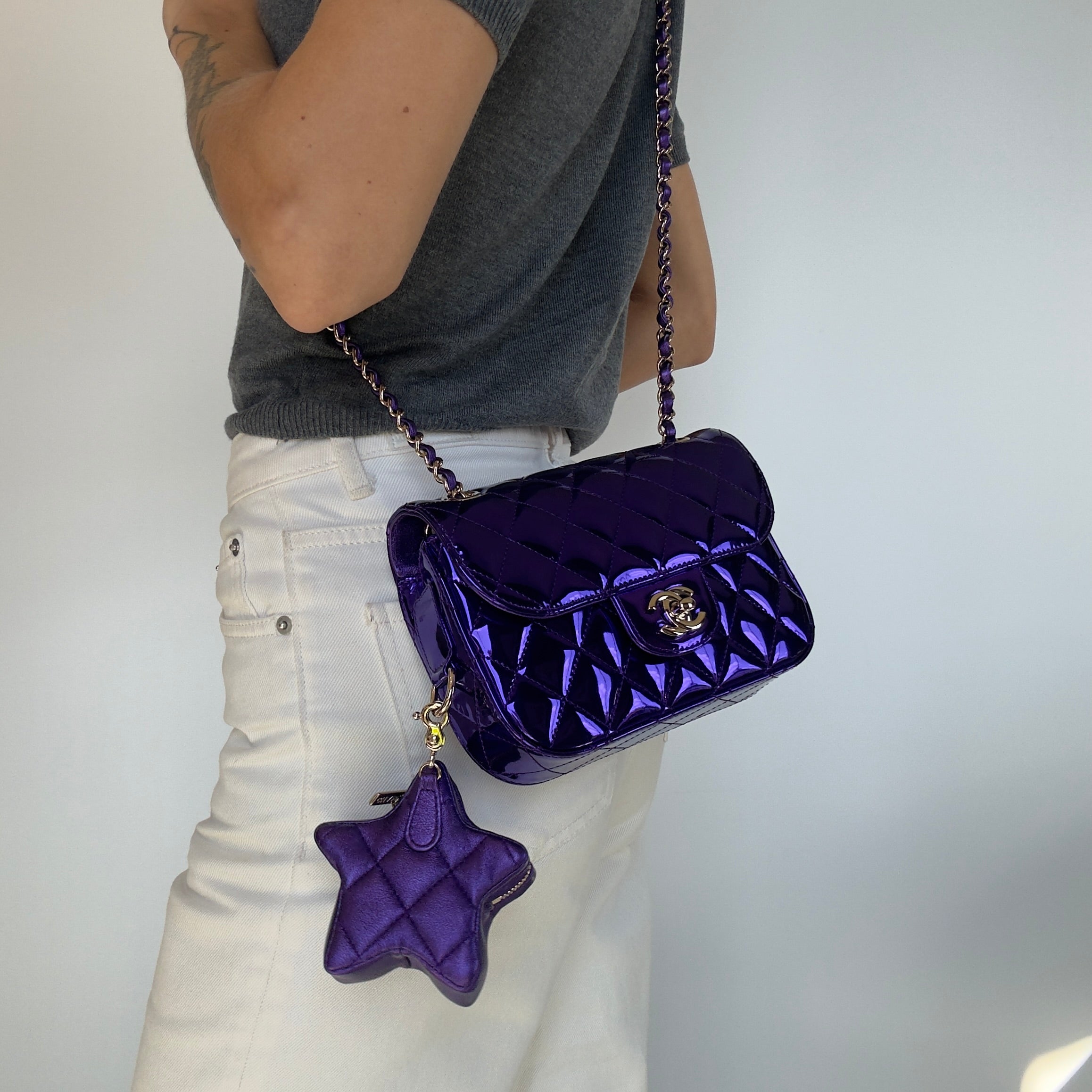 Chanel Metallic Lambskin Hollywood Boulevard Flap Bag With Star Clip On Coin Purse Purple - Queen May