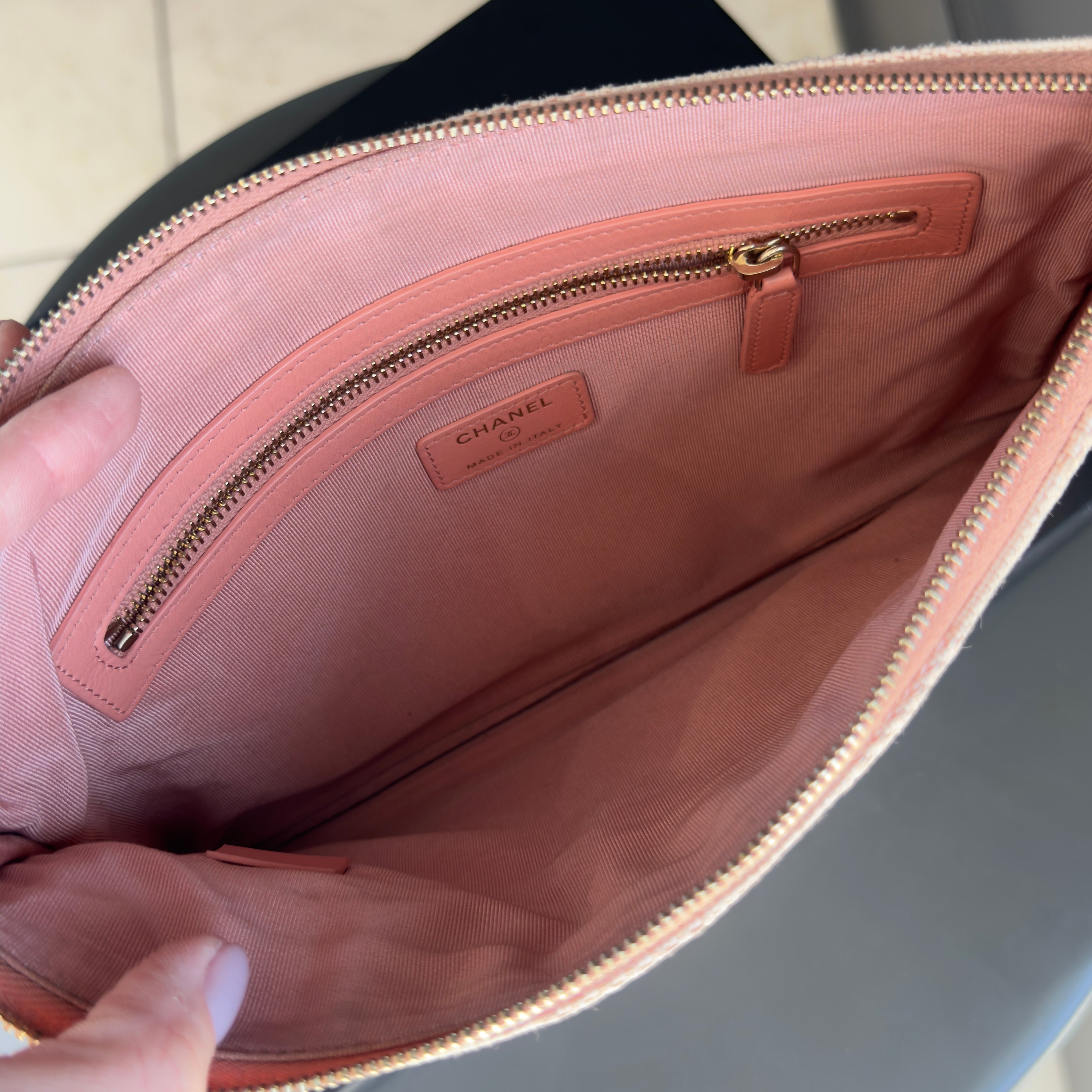 Chanel Deauville O-Case Clutch Striped Pink - Queen May