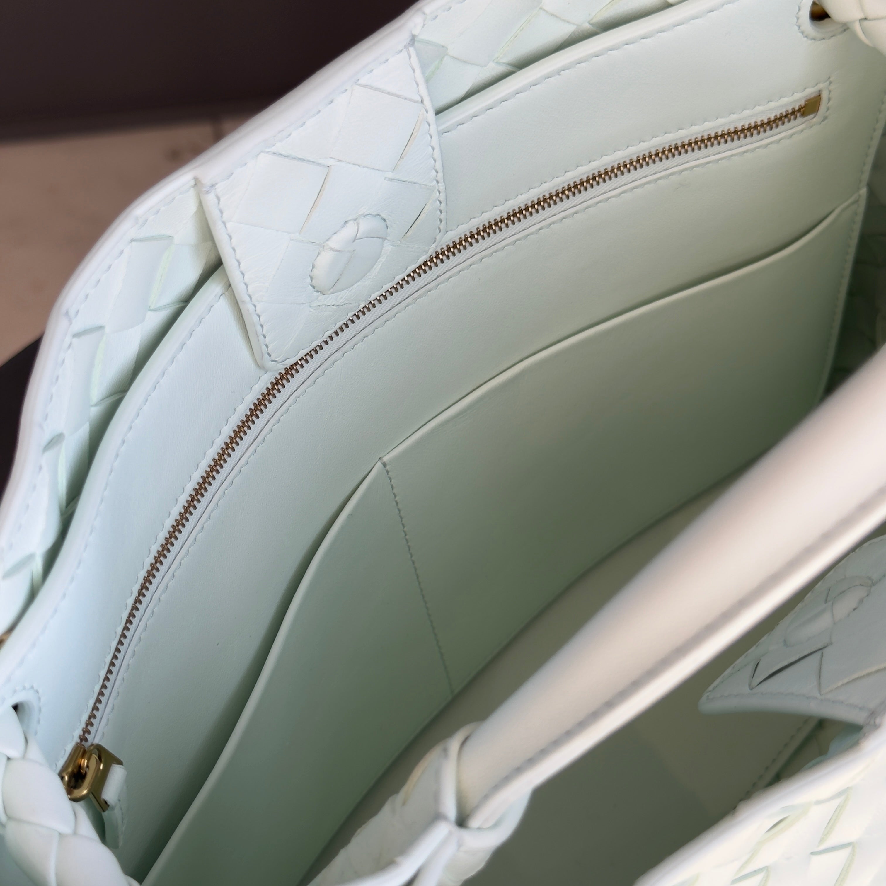 Bottega Veneta Intrecciato Andiamo Bag Medium Mint Glacier - Queen May