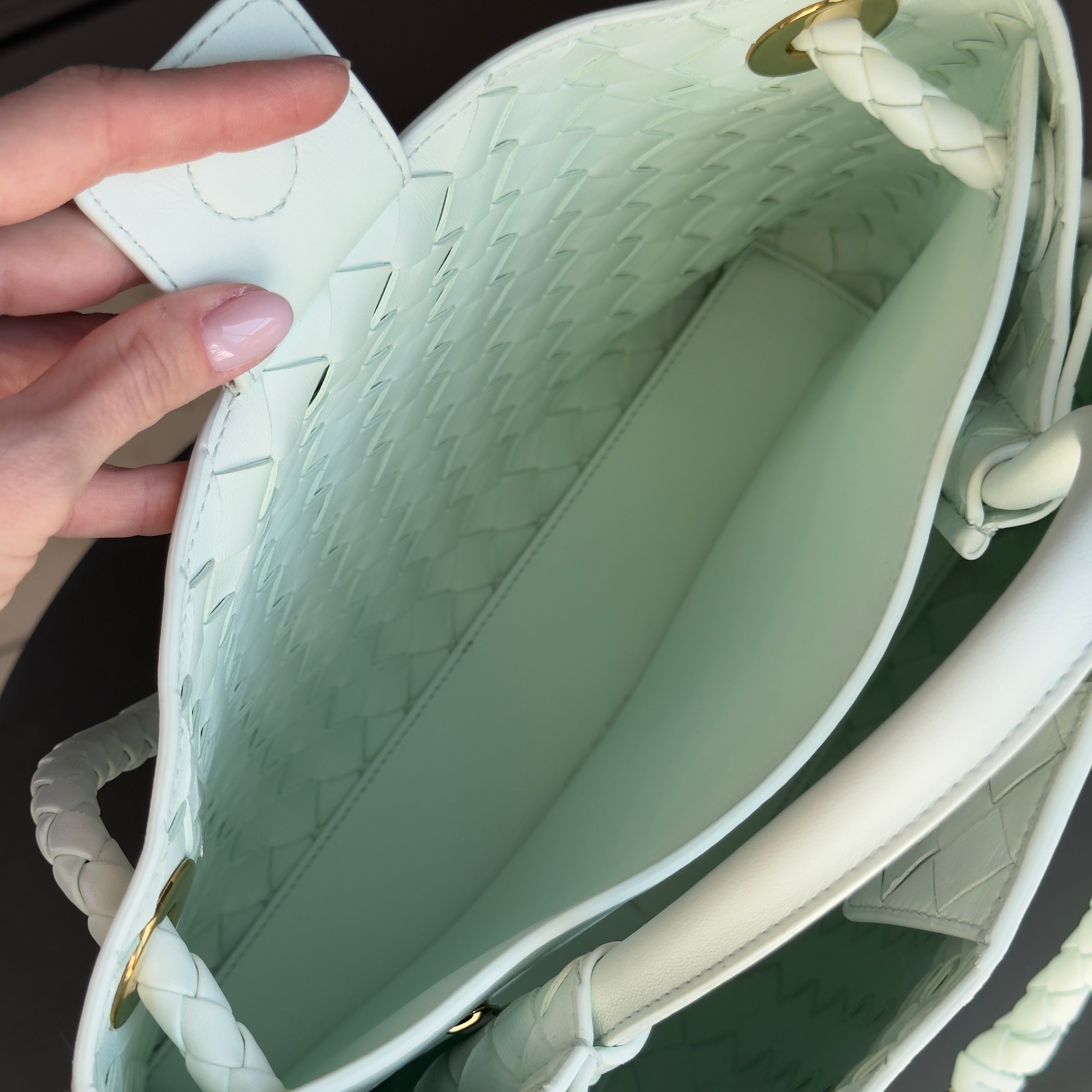 Bottega Veneta Intrecciato Andiamo Bag Medium Mint Glacier - Queen May