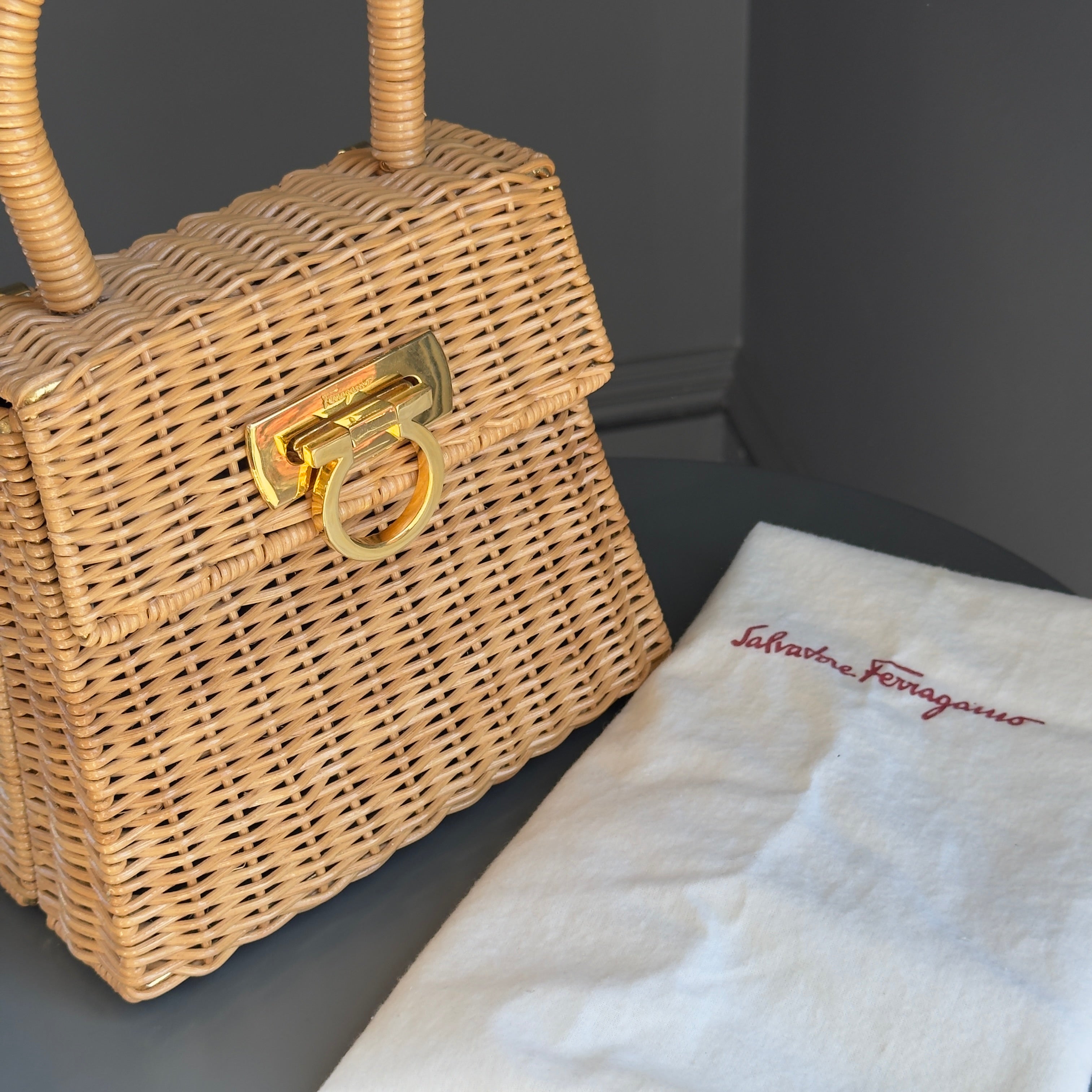 Salvatore Ferragamo Gancini Logo Top Handle Wicker Rattan Bag - Queen May