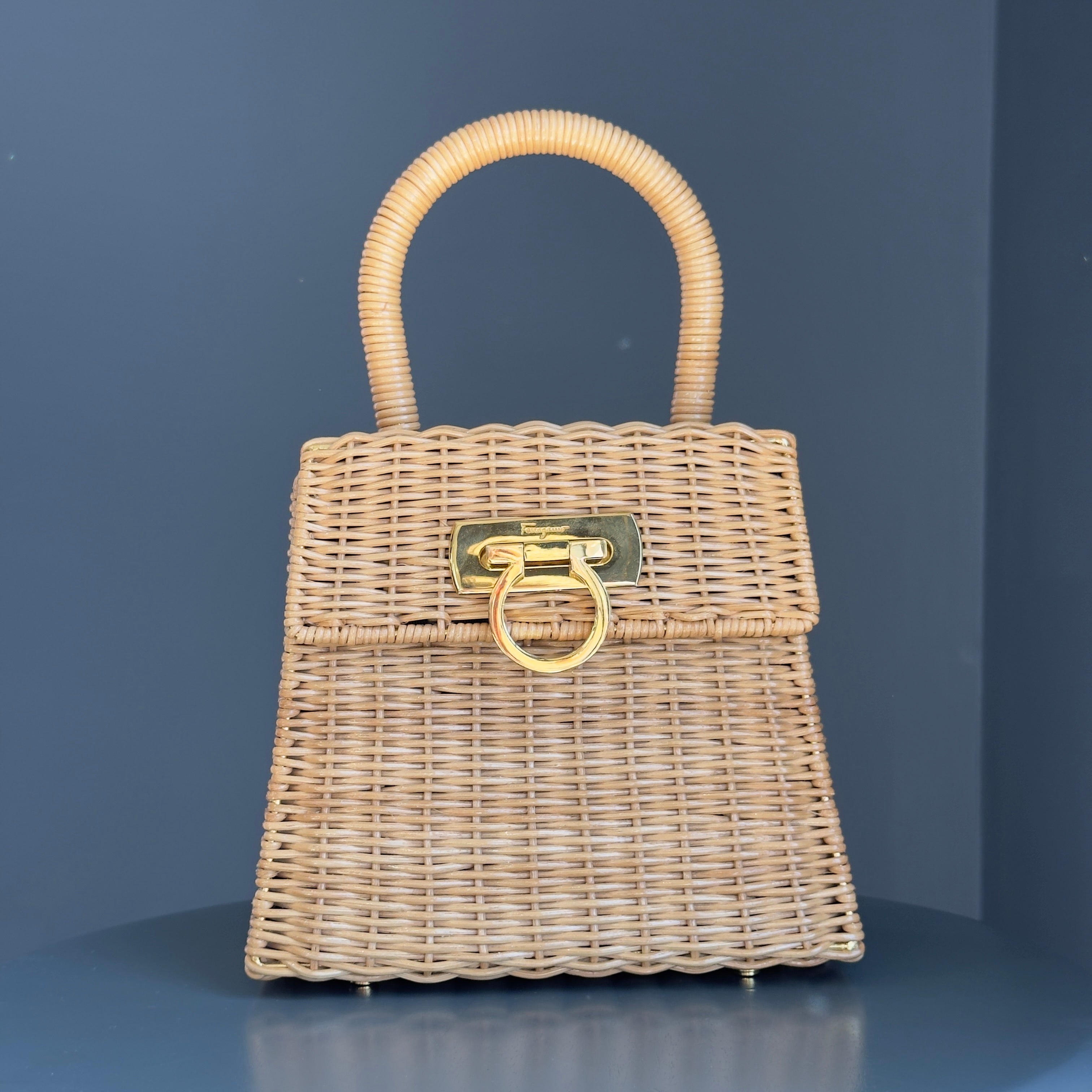 Salvatore Ferragamo Gancini Logo Top Handle Wicker Rattan Bag - Queen May