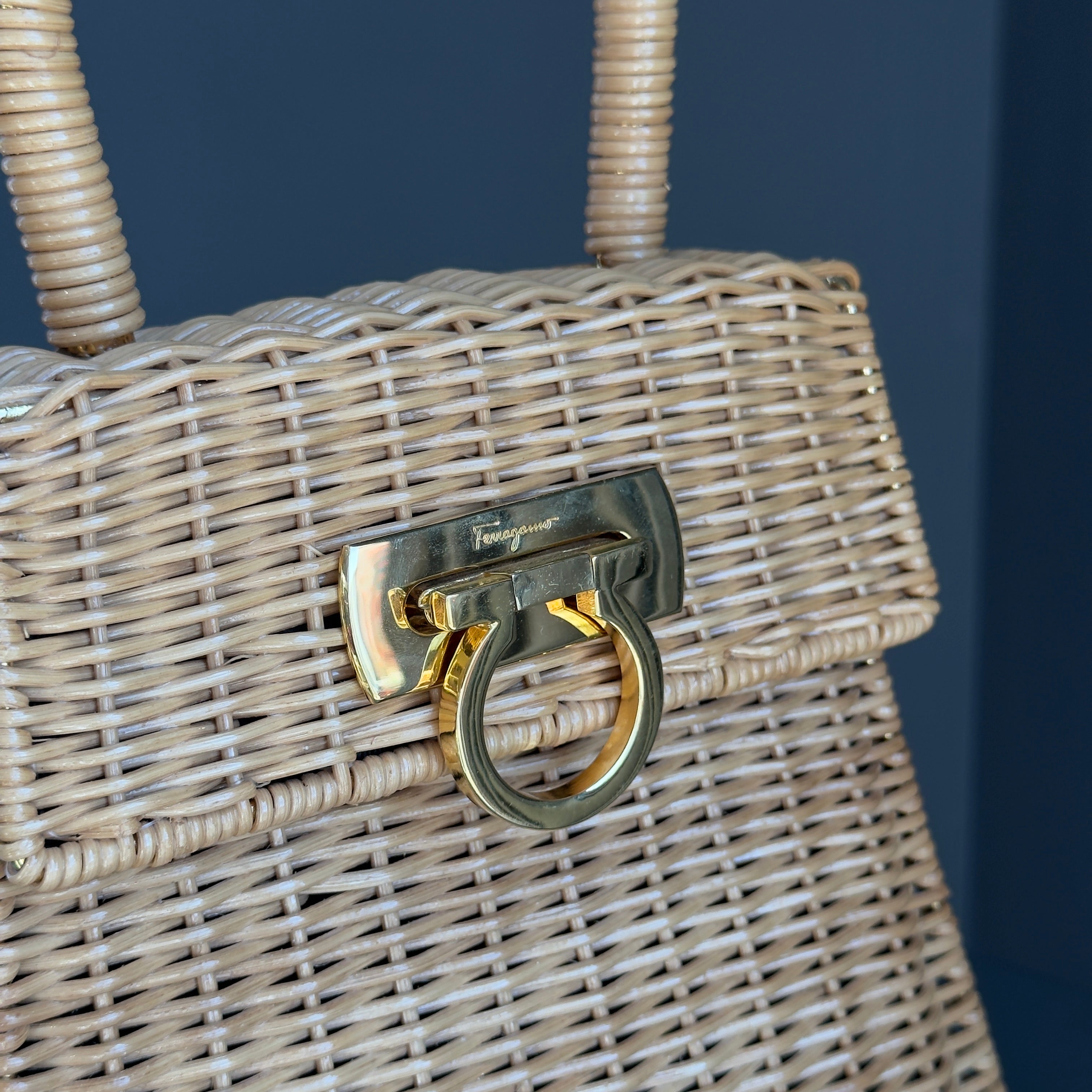 Salvatore Ferragamo Gancini Logo Top Handle Wicker Rattan Bag - Queen May