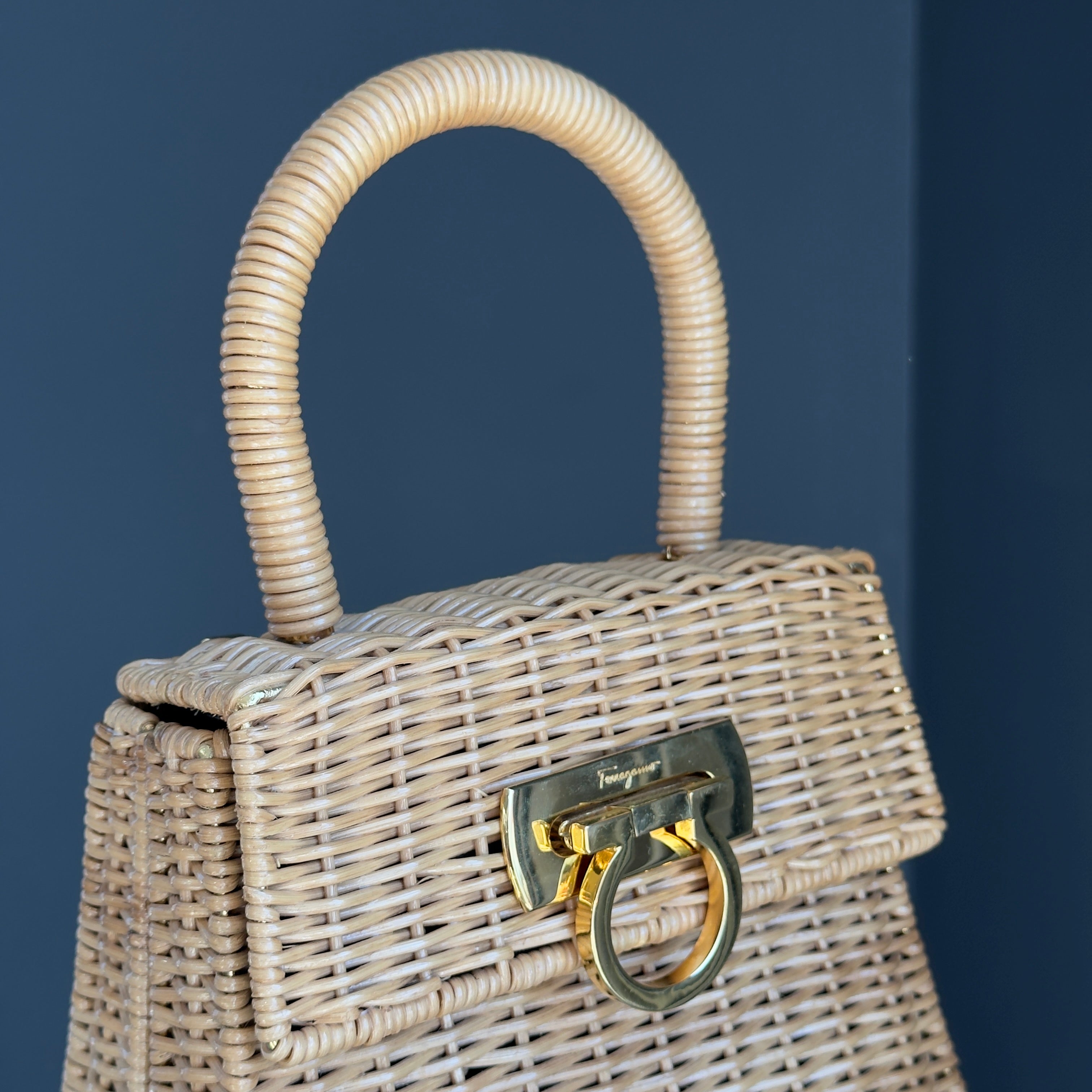 Salvatore Ferragamo Gancini Logo Top Handle Wicker Rattan Bag - Queen May