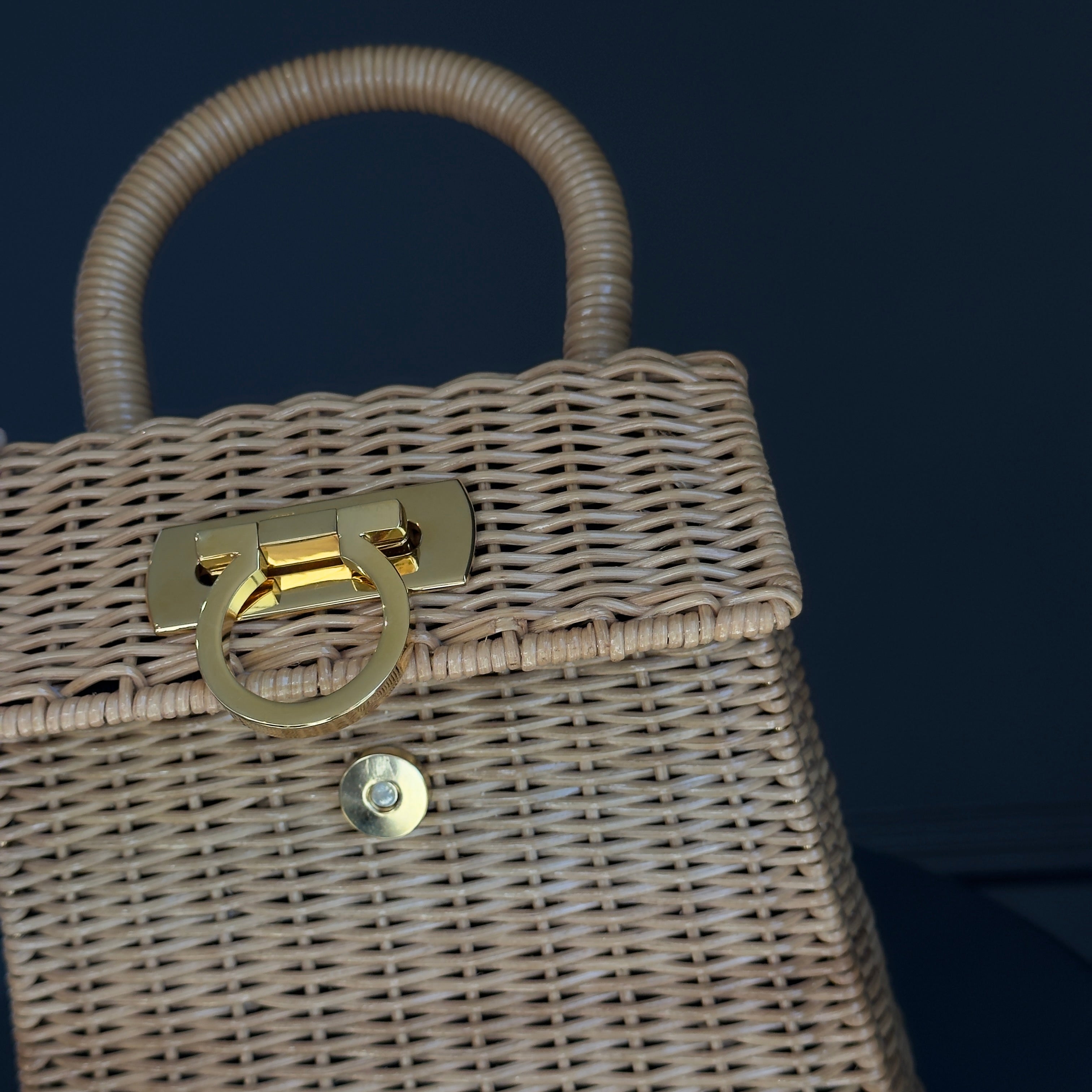 Salvatore Ferragamo Gancini Logo Top Handle Wicker Rattan Bag - Queen May
