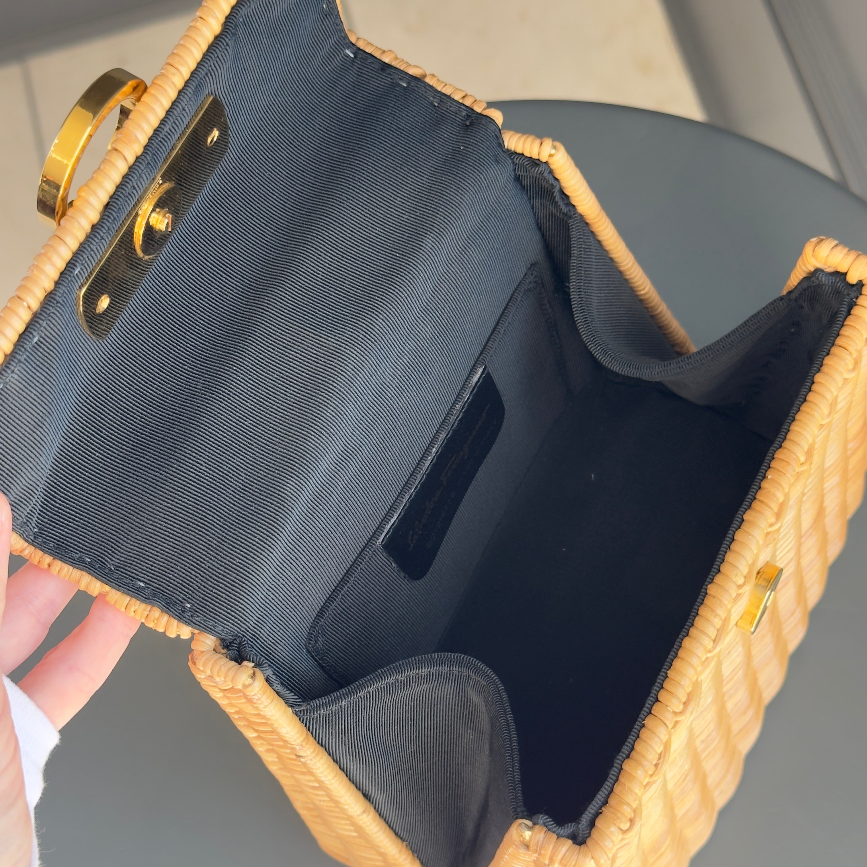 Salvatore Ferragamo Gancini Logo Top Handle Wicker Rattan Bag - Queen May