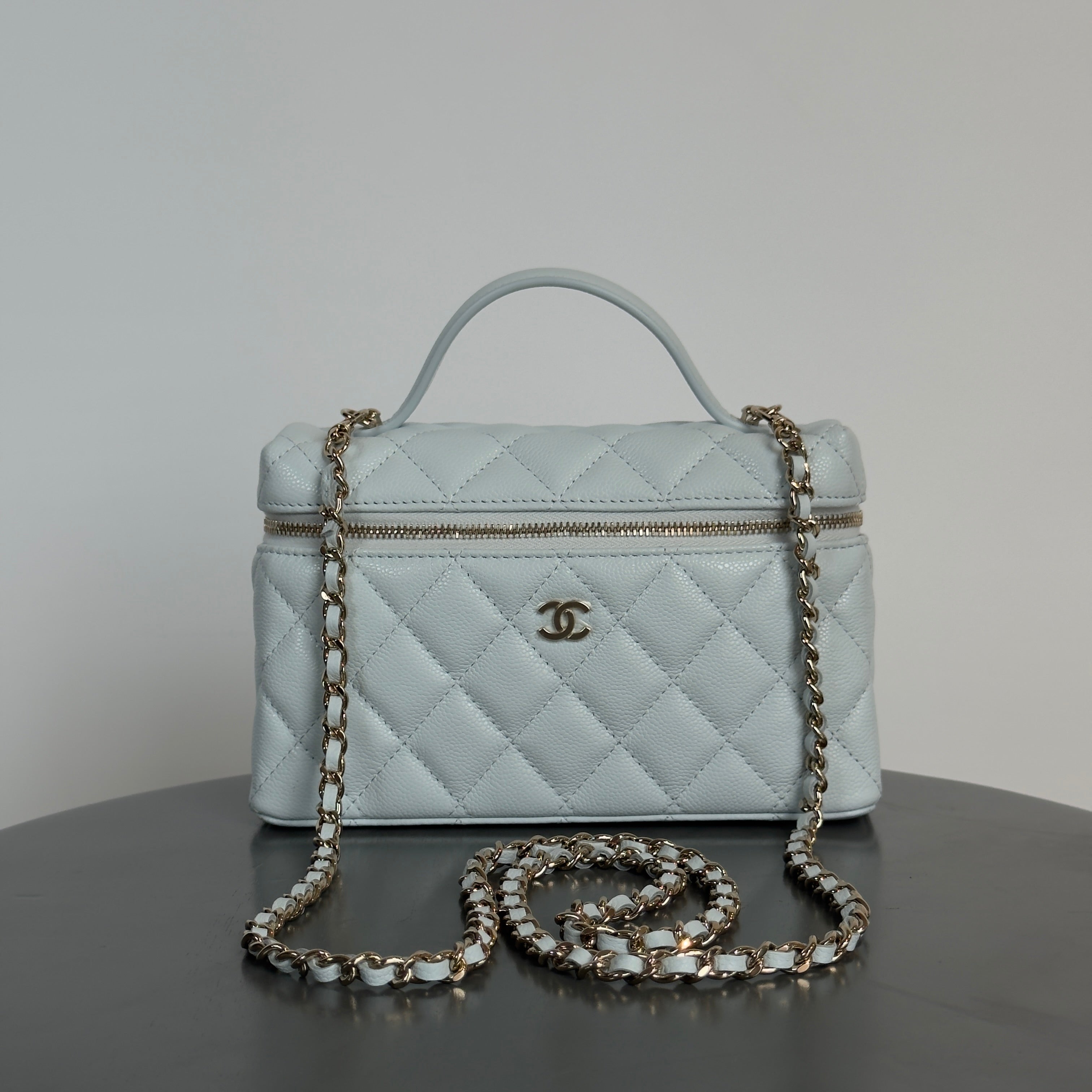 Chanel Caviar Quilted Top Handle Slim Vanity with Chain Light Blue - Queen May