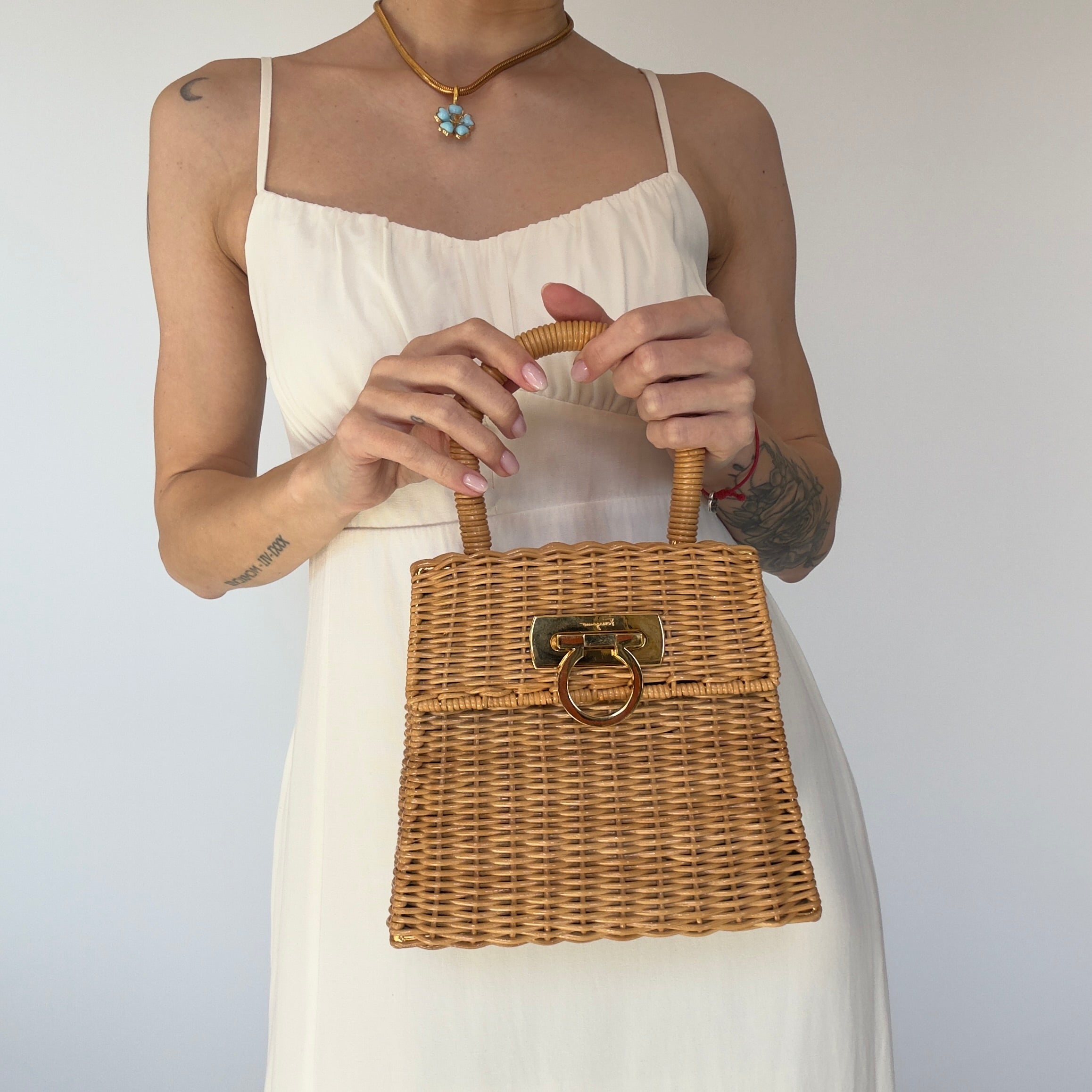 Salvatore Ferragamo Gancini Logo Top Handle Wicker Rattan Bag - Queen May