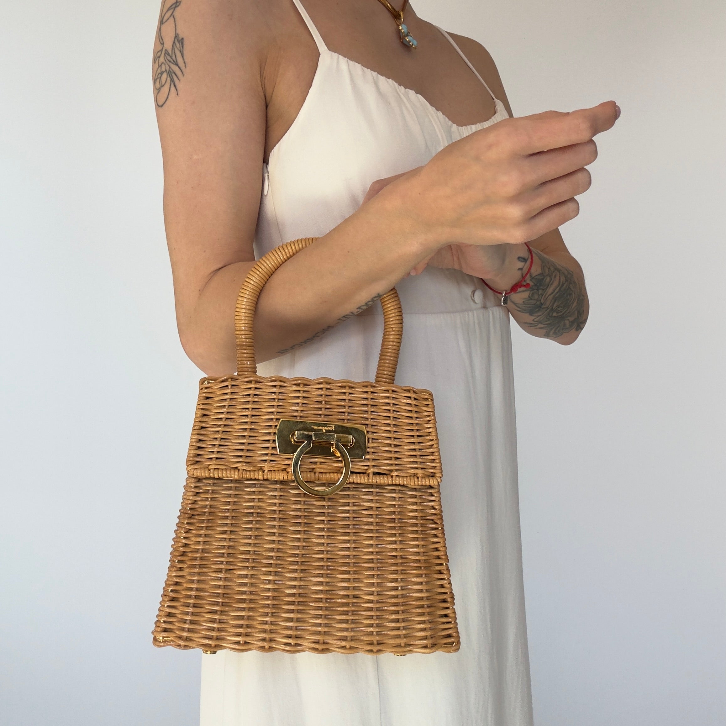 Salvatore Ferragamo Gancini Logo Top Handle Wicker Rattan Bag - Queen May