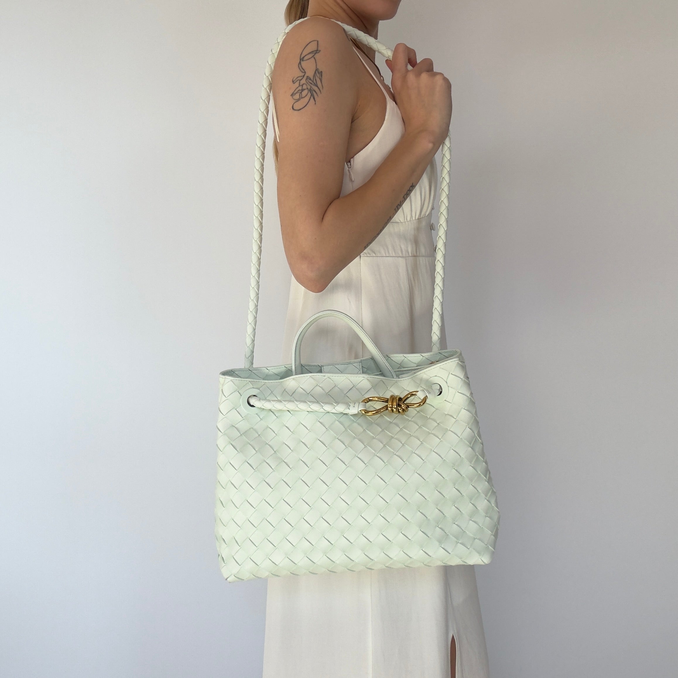 Bottega Veneta Intrecciato Andiamo Bag Medium Mint Glacier - Queen May