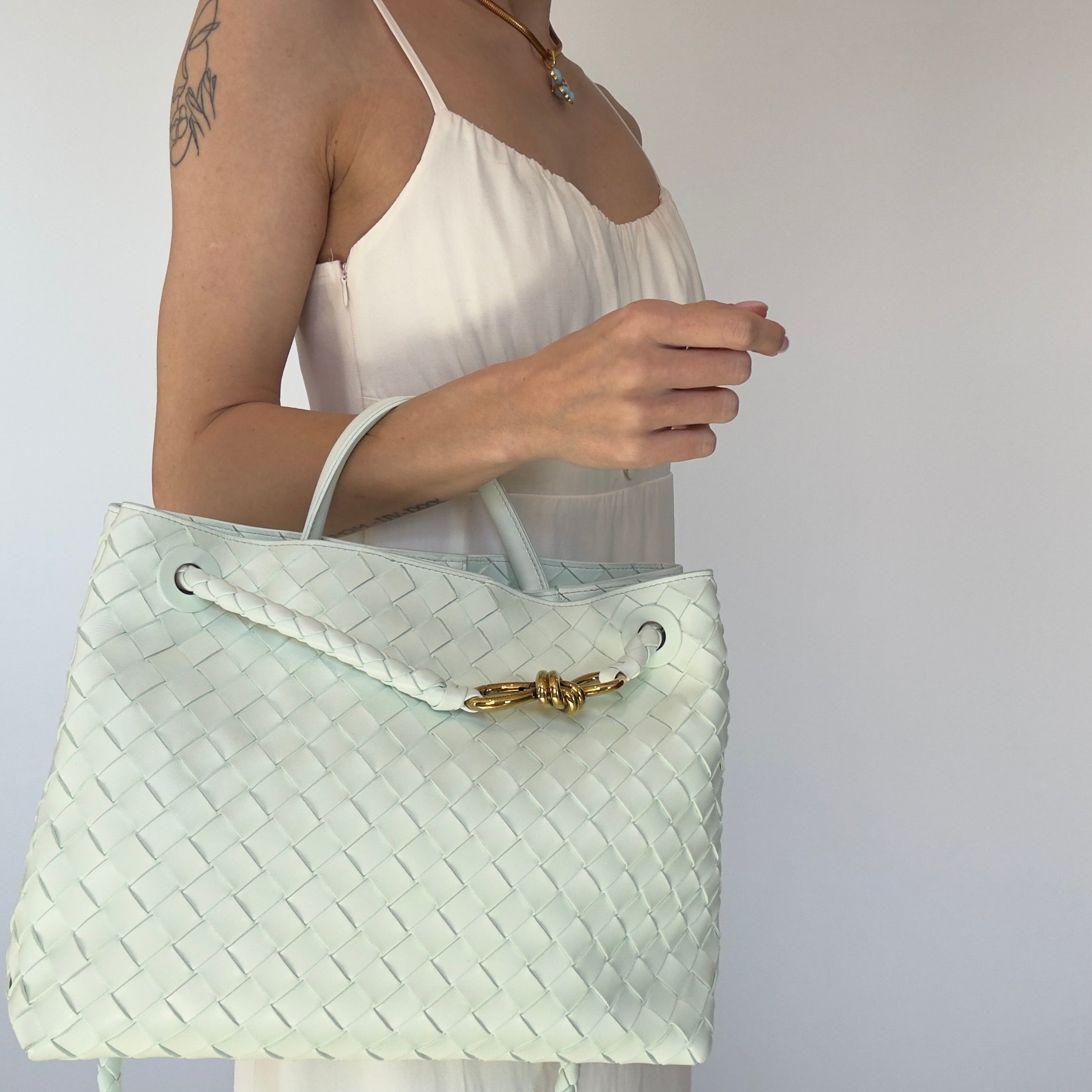 Bottega Veneta Intrecciato Andiamo Bag Medium Mint Glacier - Queen May