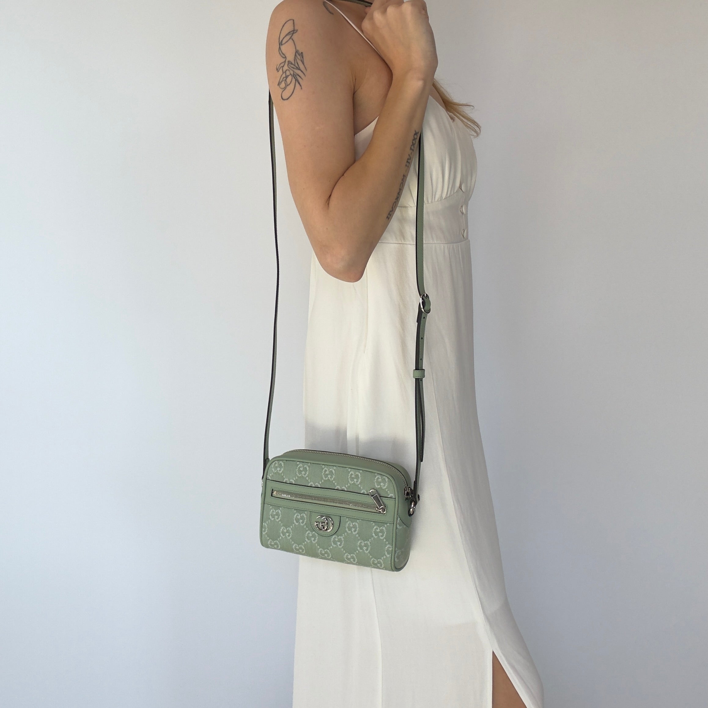 Gucci Ophidia Mini Bag in Pale Green Denim - Queen May