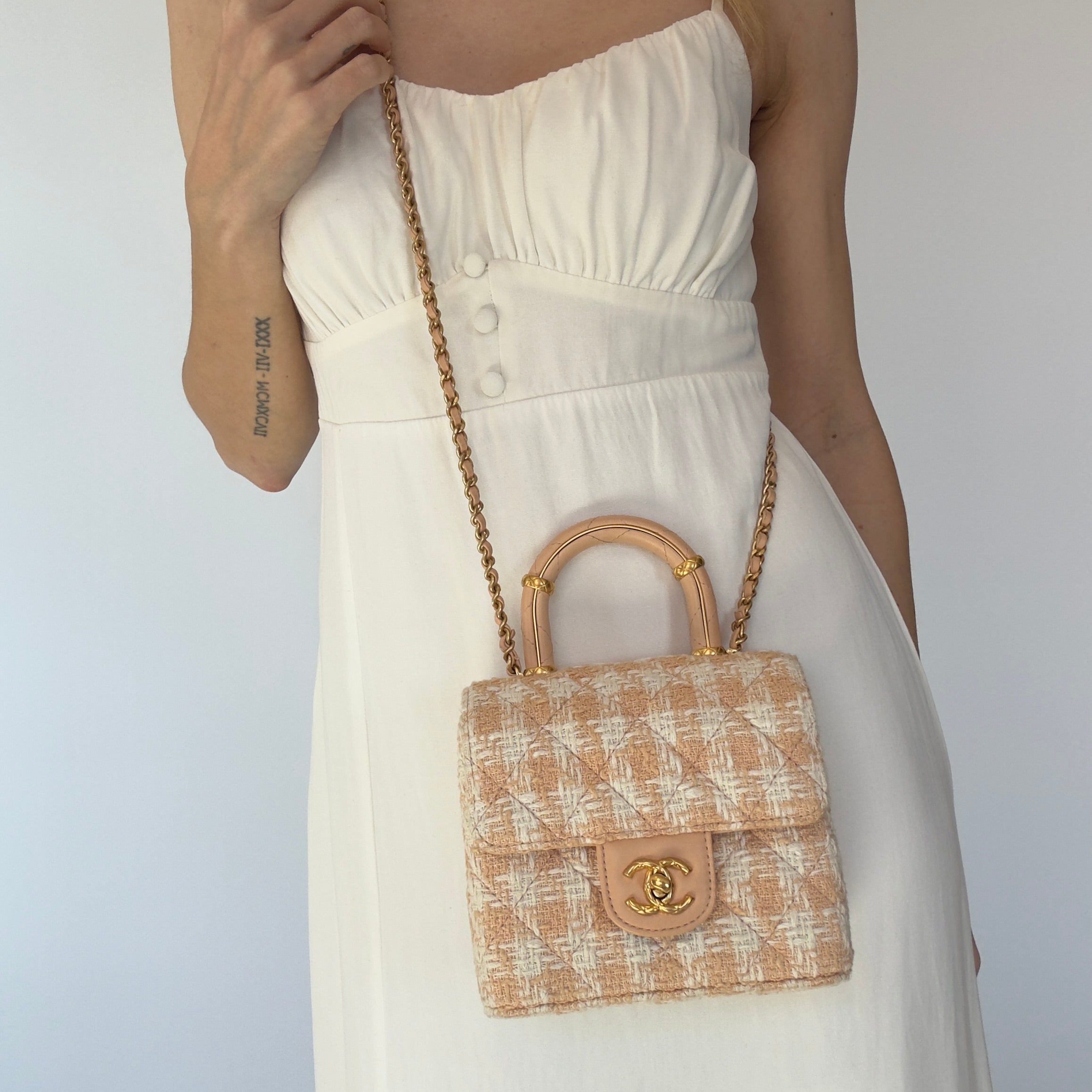 Chanel Crush Top Handle Flap Bag Quilted Tweed Mini - Queen May
