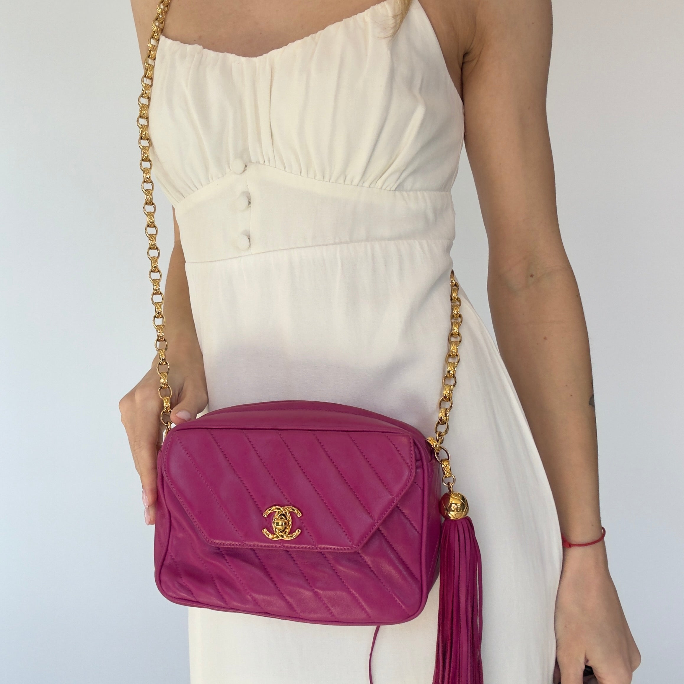 Chanel Mademoiselle Fringe Chain Shoulder Bag Lambskin Fuchsia CC Bijoux Chain - Queen May