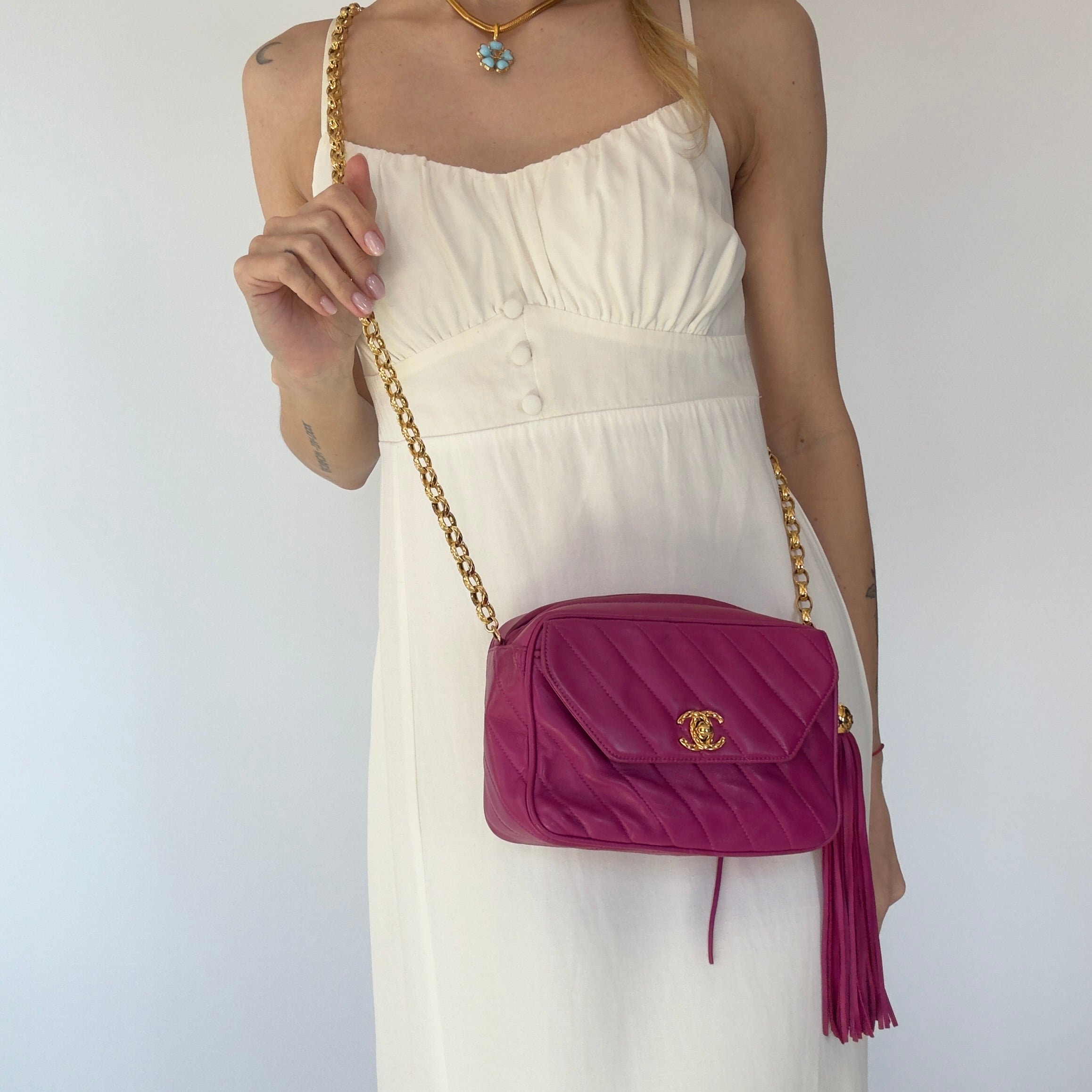 Chanel Mademoiselle Fringe Chain Shoulder Bag Lambskin Fuchsia CC Bijoux Chain - Queen May