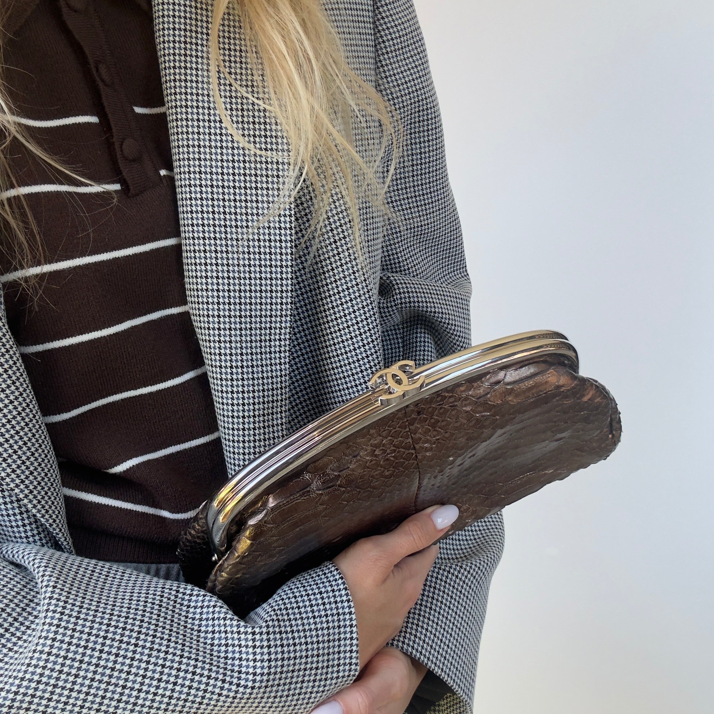 Chanel Metallic Python Timeless Clutch Khaki