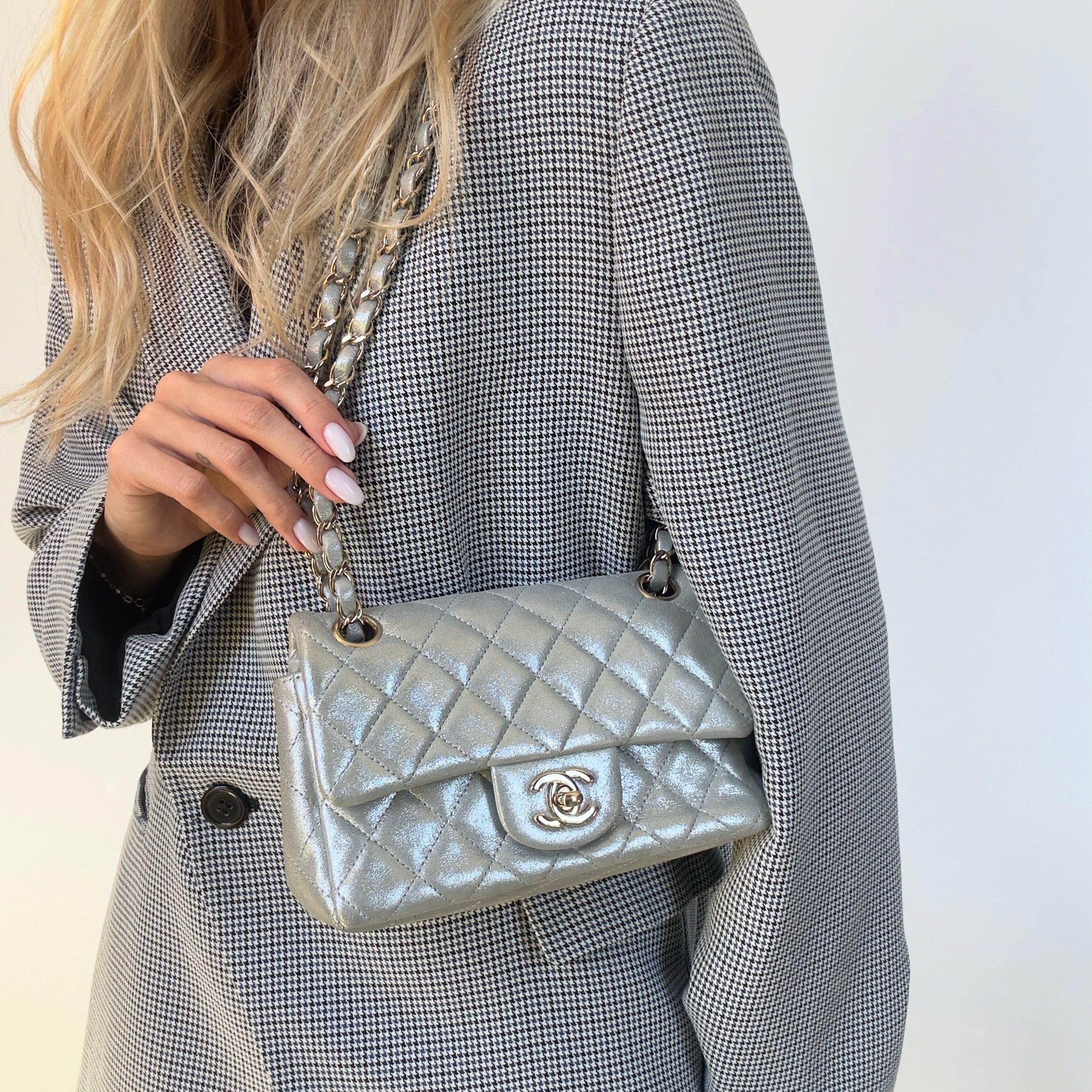 Chanel Iridescent Calfskin Quilted Mini Rectangular Flap Silver