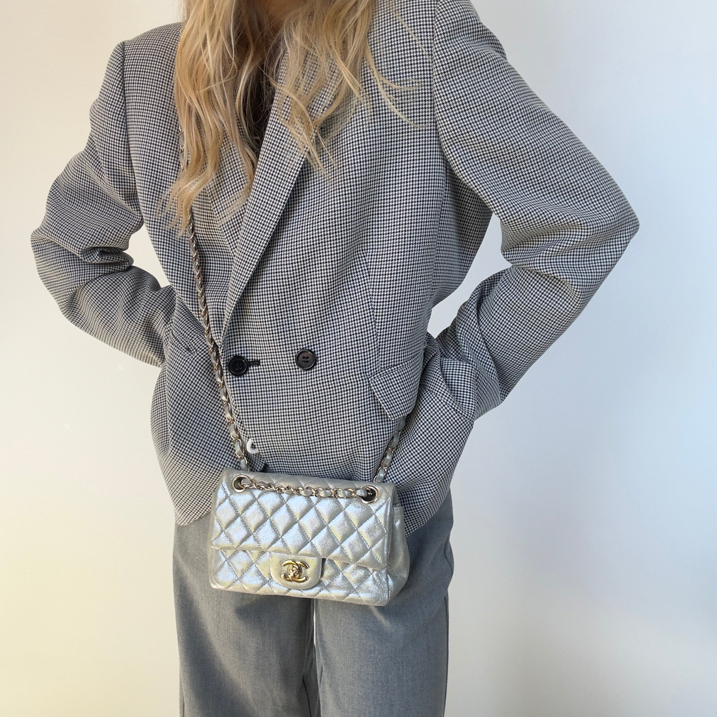 Chanel Iridescent Calfskin Quilted Mini Rectangular Flap Silver - Queen May