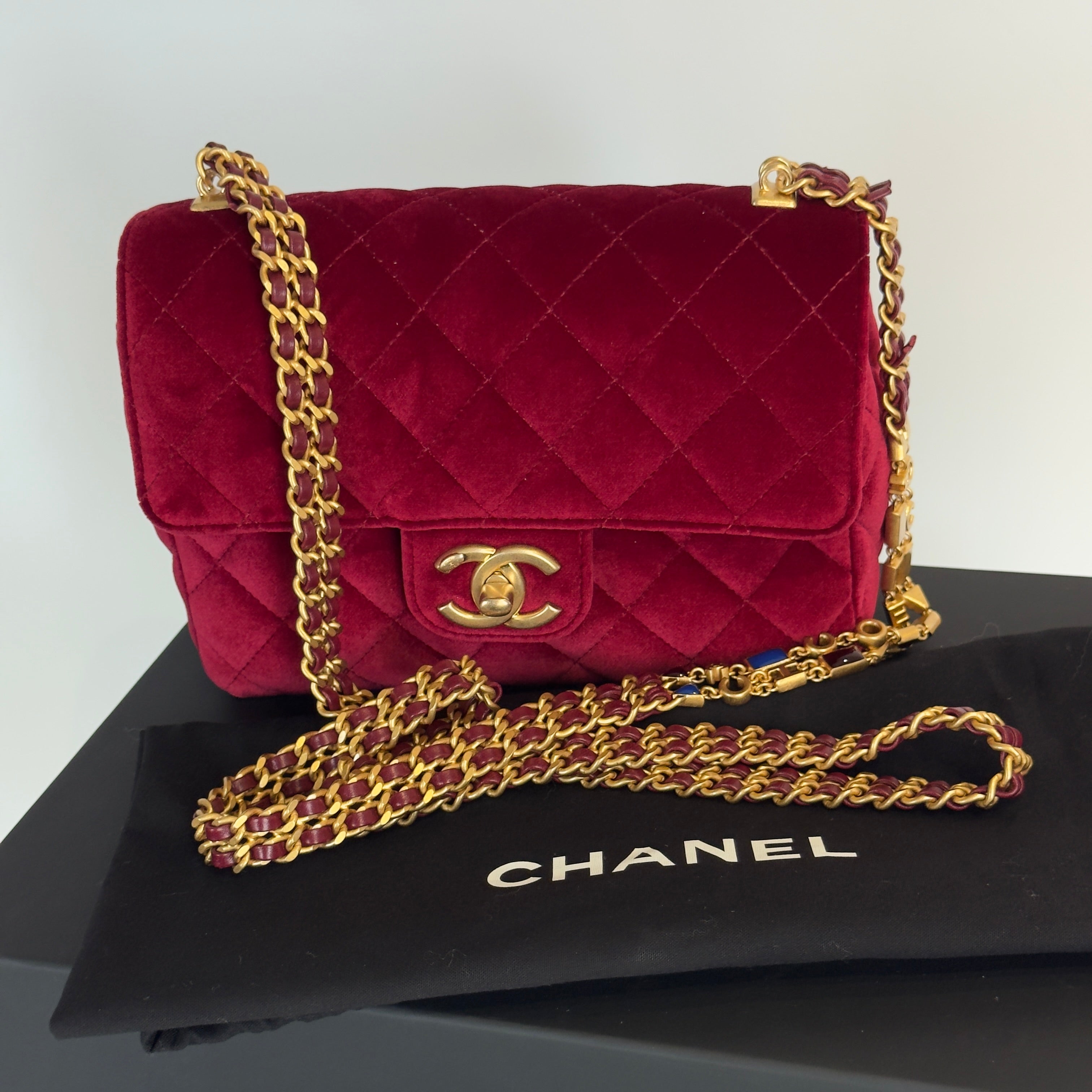 Chanel Burgundy Velvet Enamel Mini Flap Bag - Queen May