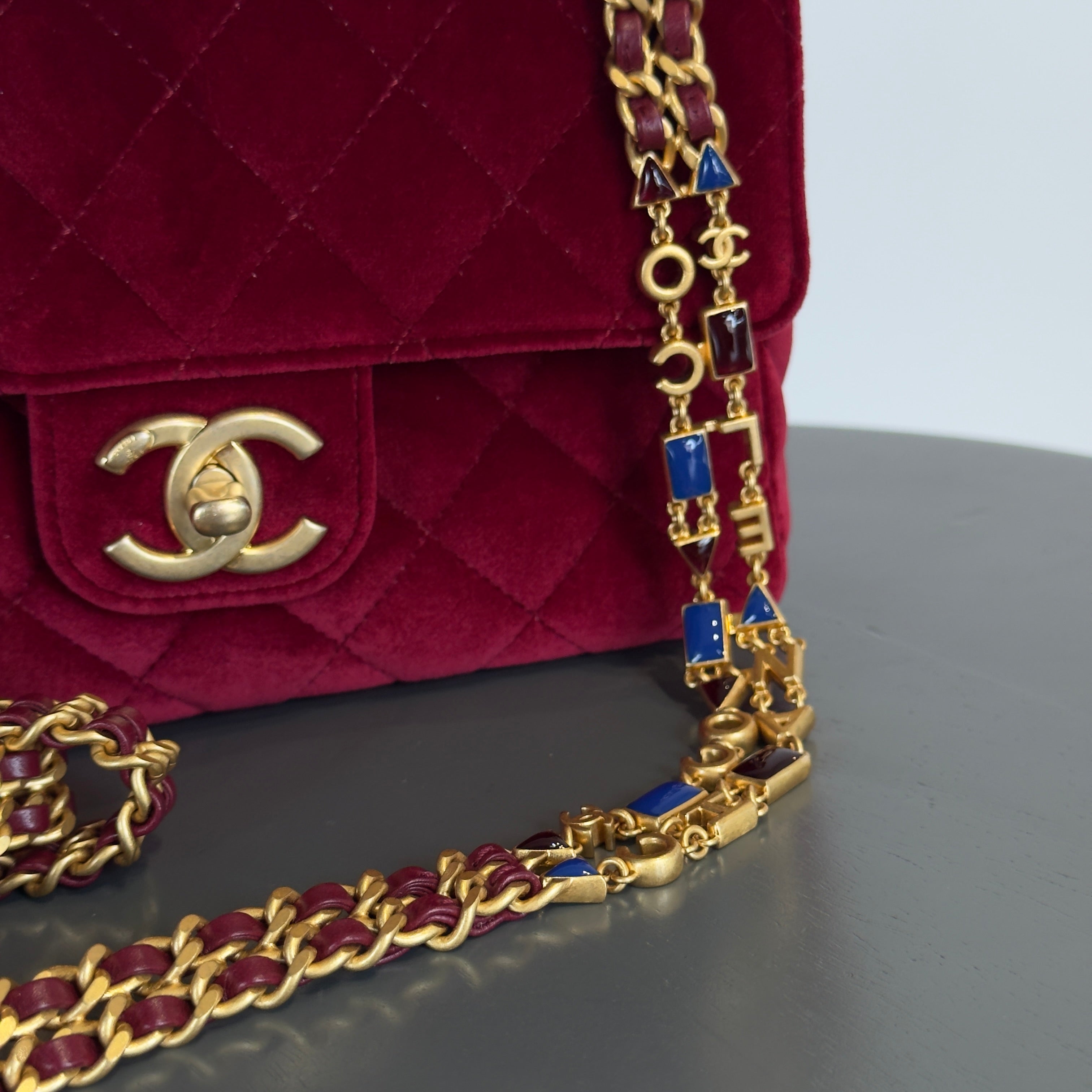Chanel Burgundy Velvet Enamel Mini Flap Bag - Queen May