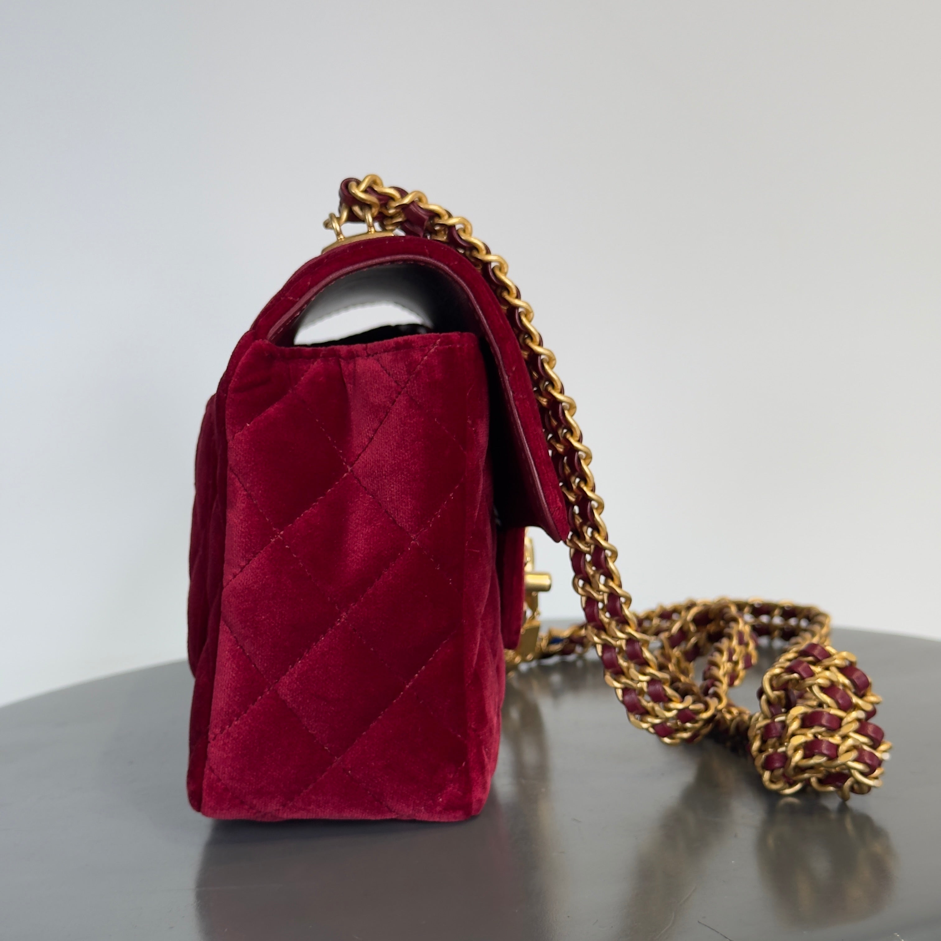 Chanel Burgundy Velvet Enamel Mini Flap Bag - Queen May