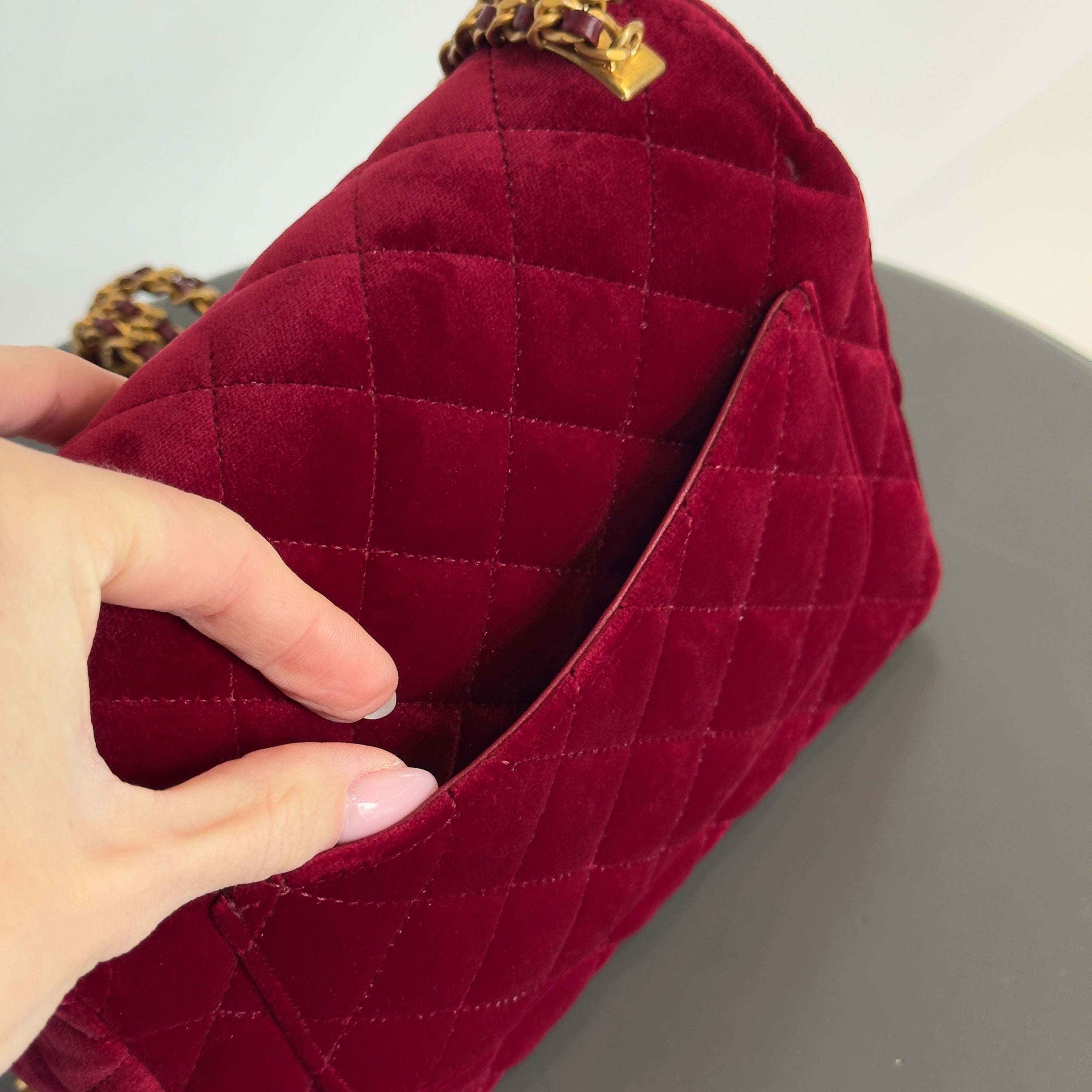 Chanel Burgundy Velvet Enamel Mini Flap Bag - Queen May