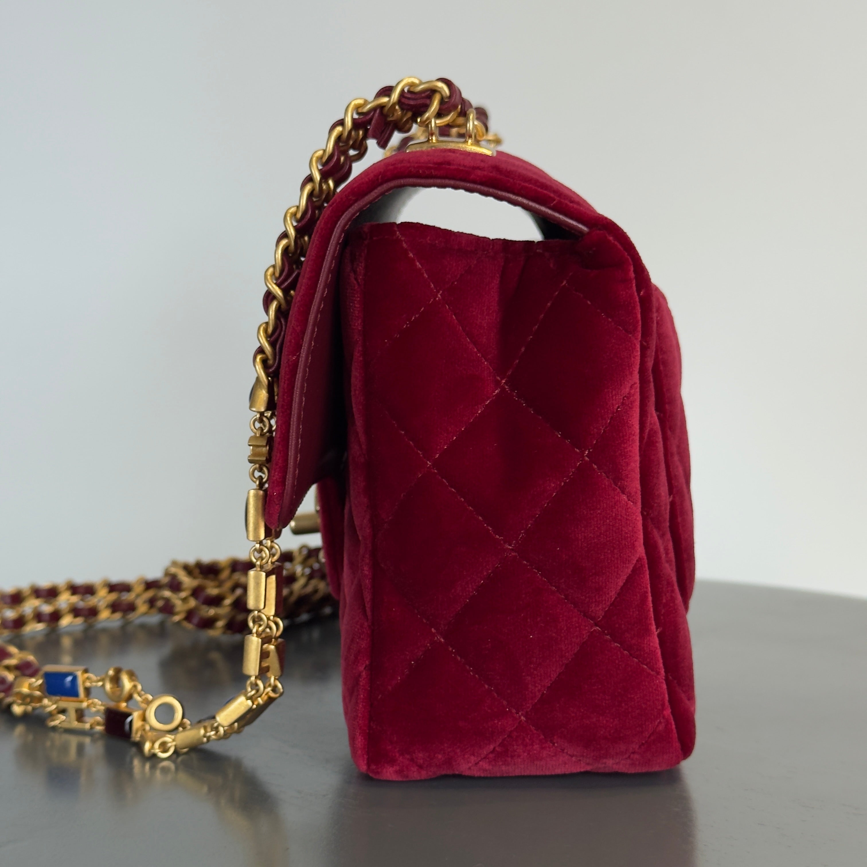 Chanel Burgundy Velvet Enamel Mini Flap Bag - Queen May