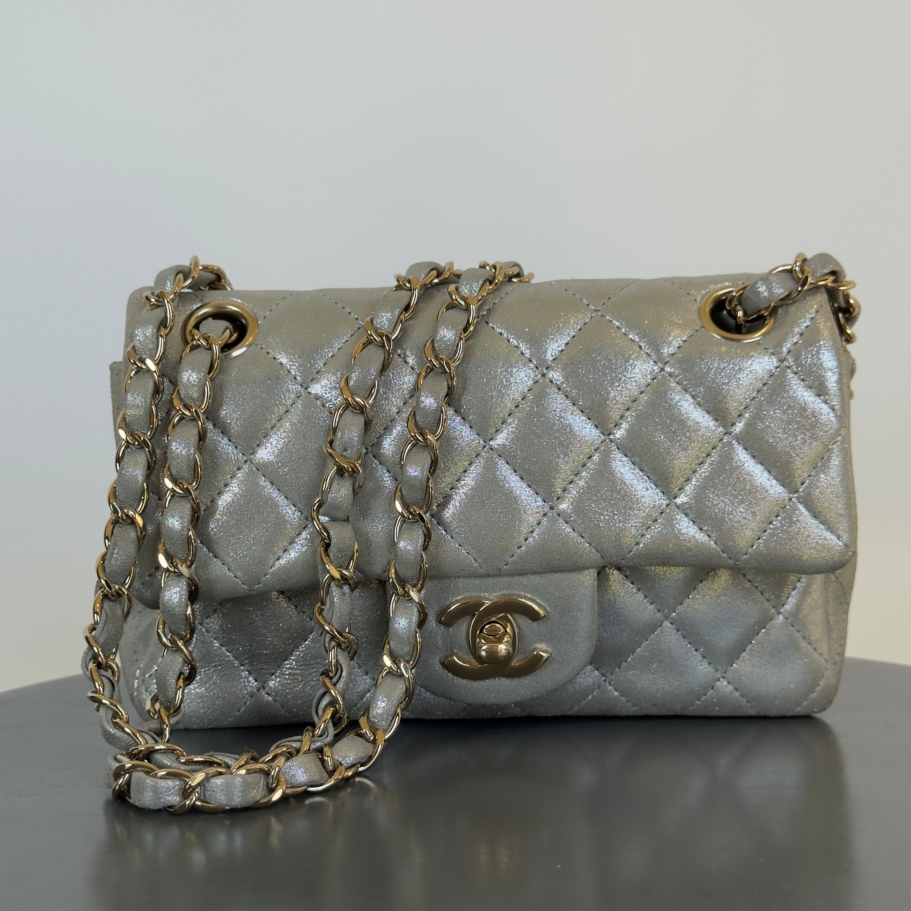 Chanel Iridescent Calfskin Quilted Mini Rectangular Flap Silver
